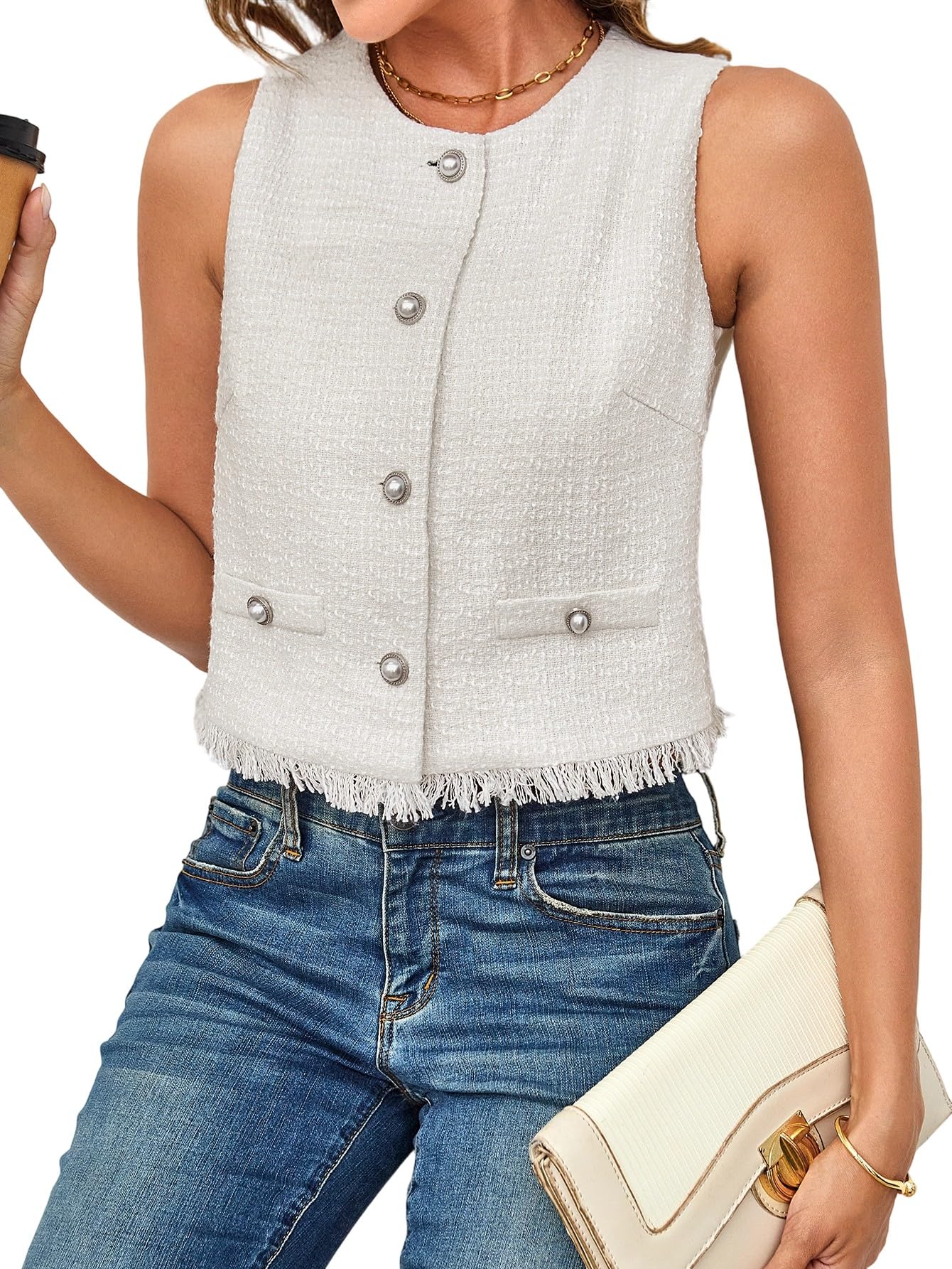 WDIRARA Womens Tweed Vest Button Down Sleeveless Vest Jacket Raw Hem Waistcoat
