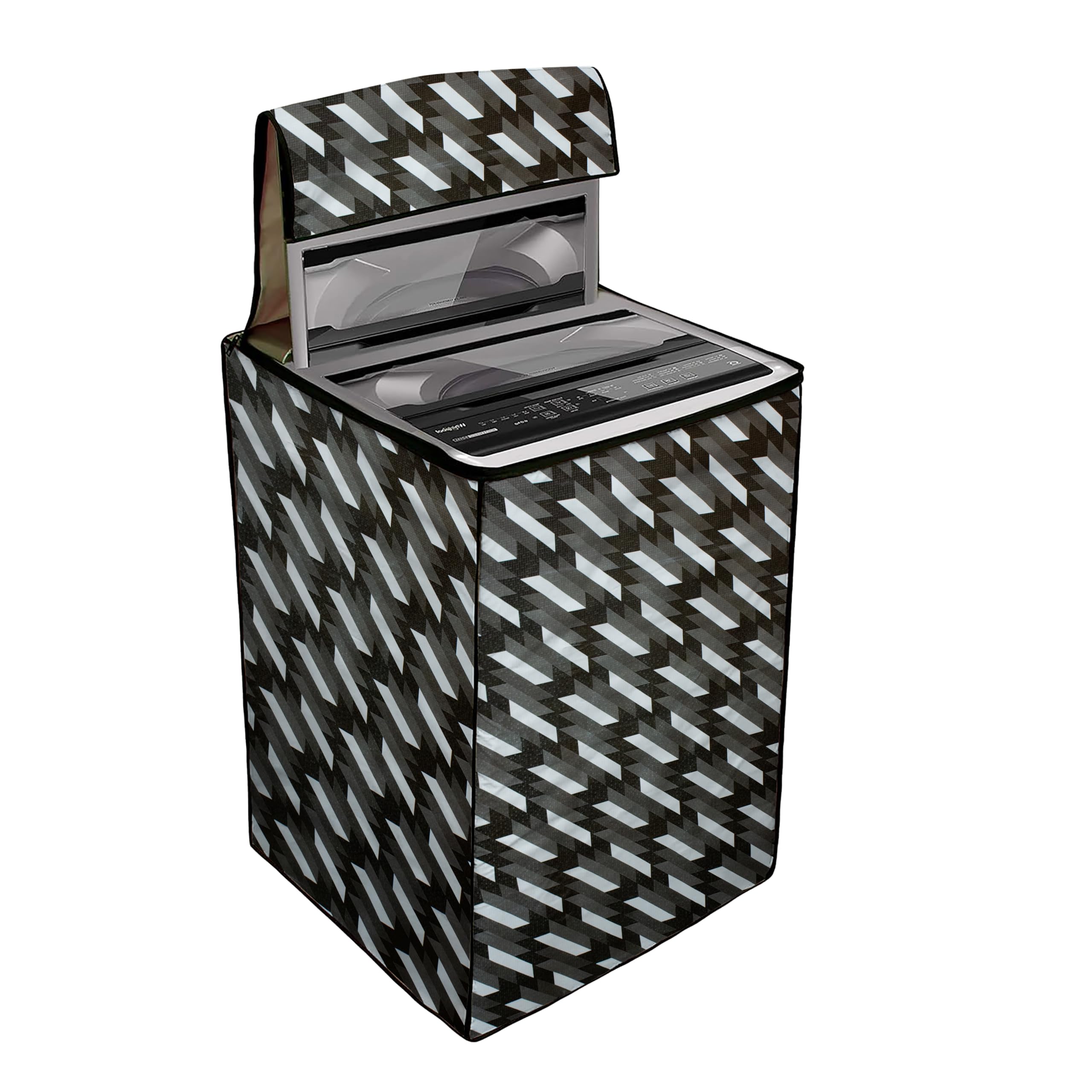 Fully Automatic Top Load Washing Machine Cover for Samsung/IFB/LG/Godrej/Whirlpool/Bosch/ 7 kg, 7.5 Kg (58 X 58 X 89 Cms),Waterproof & Dustproof Polyester, Symmetric Pattern Black - FABKUM171