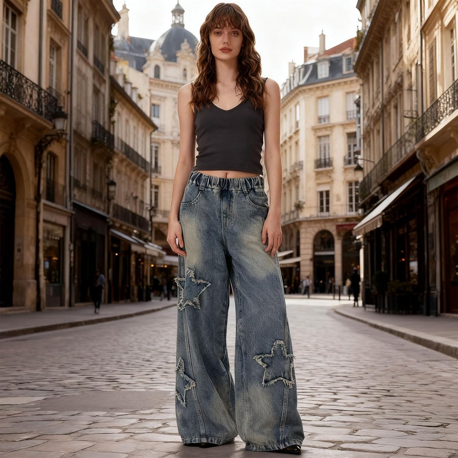 Star Jeans, High Waist Wide Leg Denim Pants for Little Ones, Vintage Style, Cute, Sizes 6-14 Years