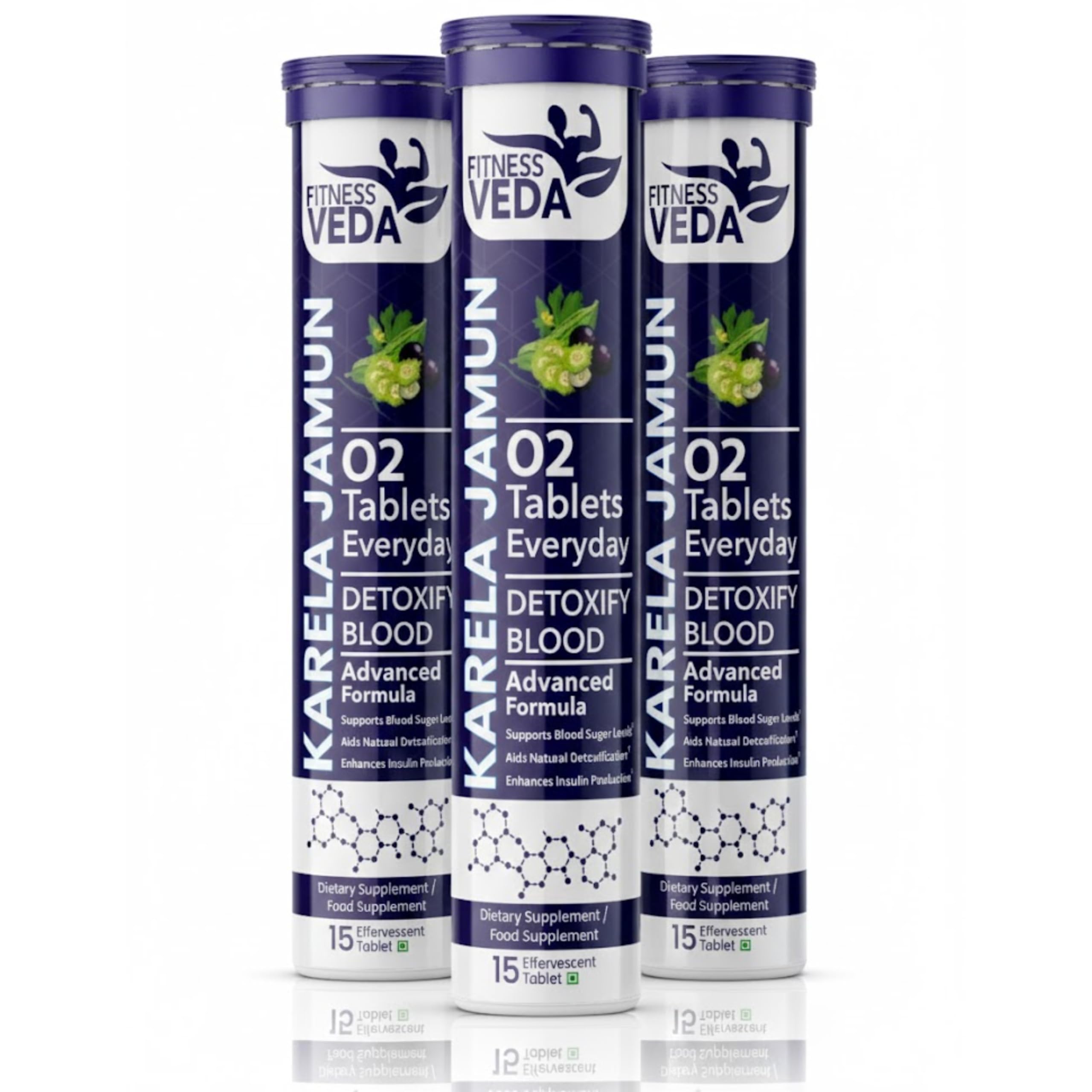 FITNESS VEDA Karela Jamun Effervescent Tablets – Ayurvedic Formula for Blood Sugar Control – Supports Digestion, Glucose Metabolism & Heart Health – Pack of 3(15x3) Tablets | Fizz & Drink