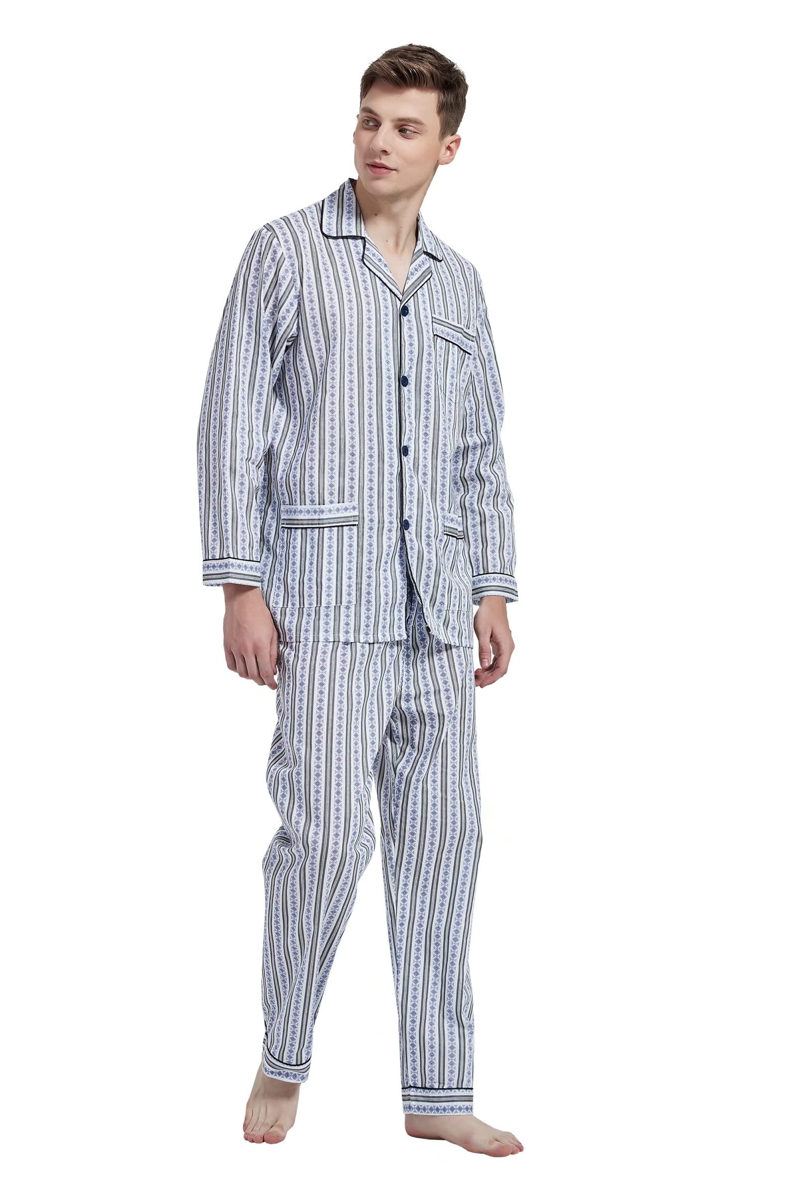 Amaxer Herren Zweiteiliger Schlafanzug Baumwolle Pyjama Set Nachtwäsche Hausanzug Langarm Oberteil mit Taschen Schlafanzughose mit Kordelzug