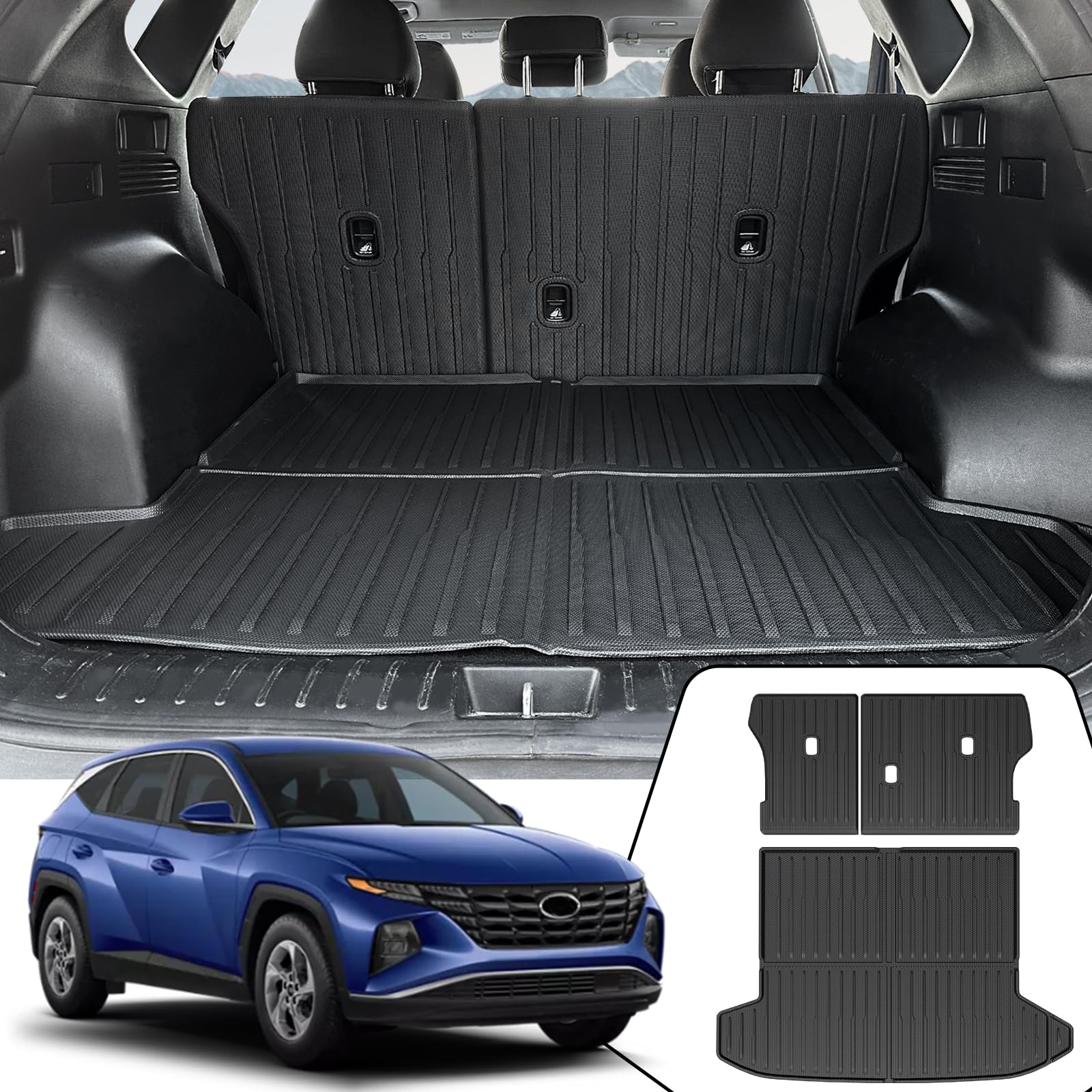 Upgrade Trunk Mat with Backrest Mats for 2022-2024 2025 Hyundai Tucson Accessories(Fit Gas/Hybrid), All-weather TPE Cargo Liner Seat Back Covers Protector for Hyundai Tucson