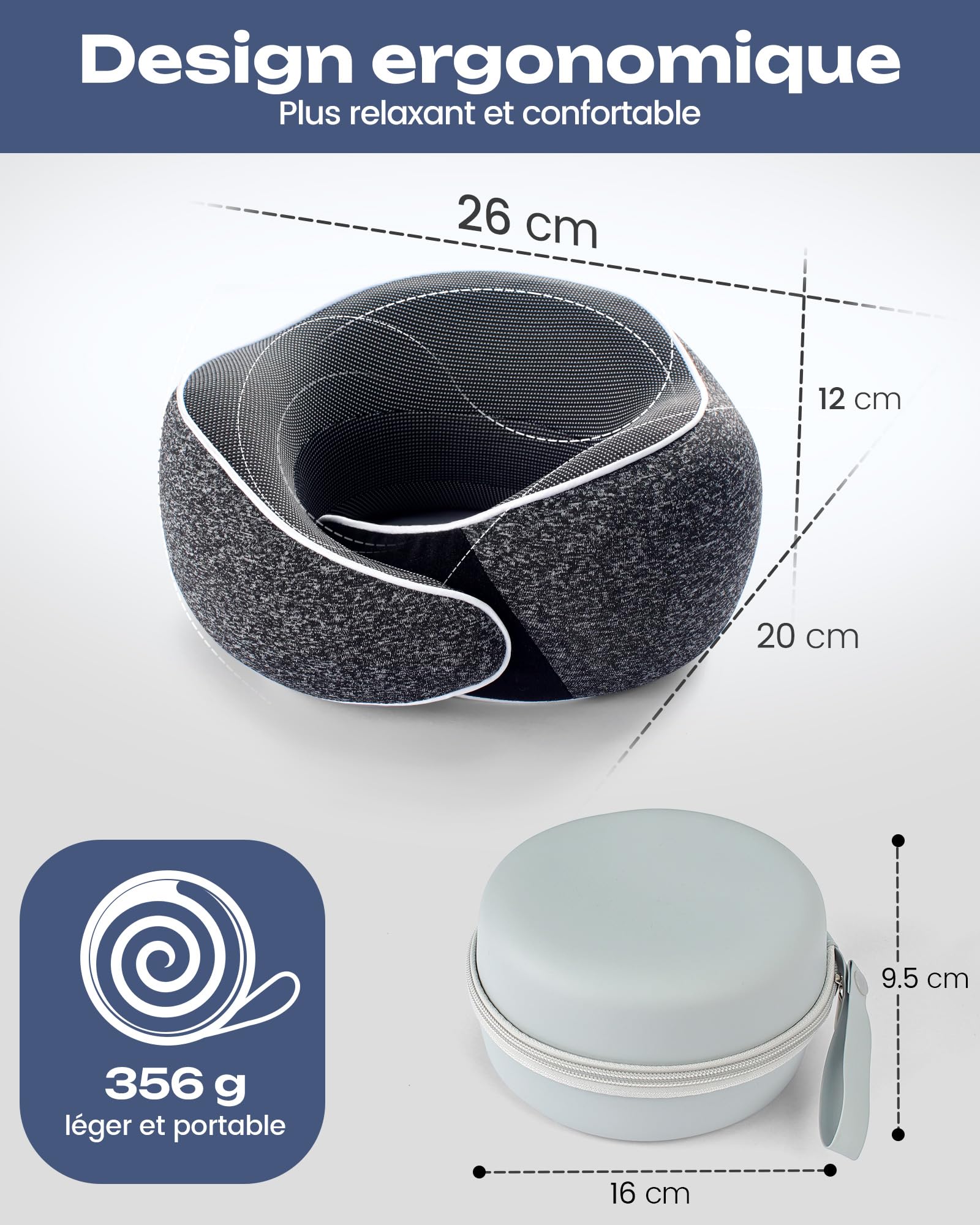 Aosun Coussin de Voyage Avion et Voiture, Oreiller de Voyage Mémoire de Forme, Tour de Cou 4 en 1 avec Masque 3D, Bouchons d’Oreilles et Étui, Coussin Cervical Compact Lavable