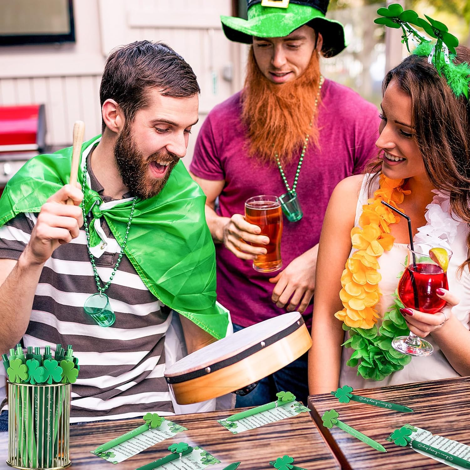 Jetec 100 Sets St Patrick's Day Pens Gift Bulk with Irish Blessing Cards Lucky Shamrock Ballpoint Pen with Twist Ties Green Clover Rollerball Black Ink for St. Patrick's Day Party Favors Supplies