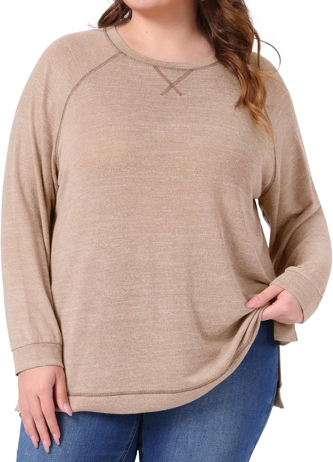 Agnes Orinda Plus Size Sweatshirts for Women 2025 Fall Side Split Long Sleeve Crew Neck Casual Pullover Loose Knit Blouse Top