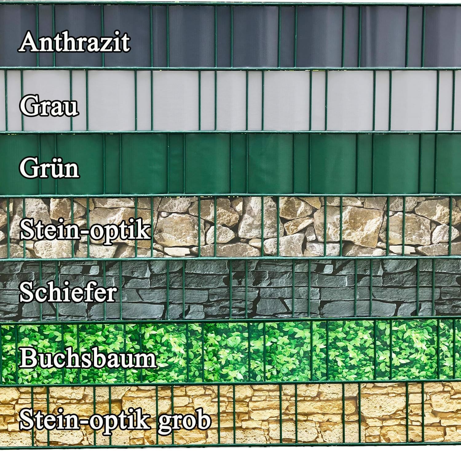 interGo Sichtschutzstreifen Zaun 35 m x 19 cm inkl.20 Clips, Sichtschutz Zaunfolie PVC Sichtschutzstreifen Doppelstabmatten für Gartenzaun, Balkon/Diverse Farben 4er-Set
