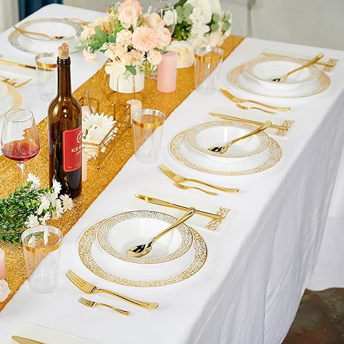 Miniatura 7 de JOLLY PARTY 60 cuencos desechables de plástico dorados para postre, cuencos de sopa de 12 onzas, adornos de encaje de Navidad y Acción de Gracias,