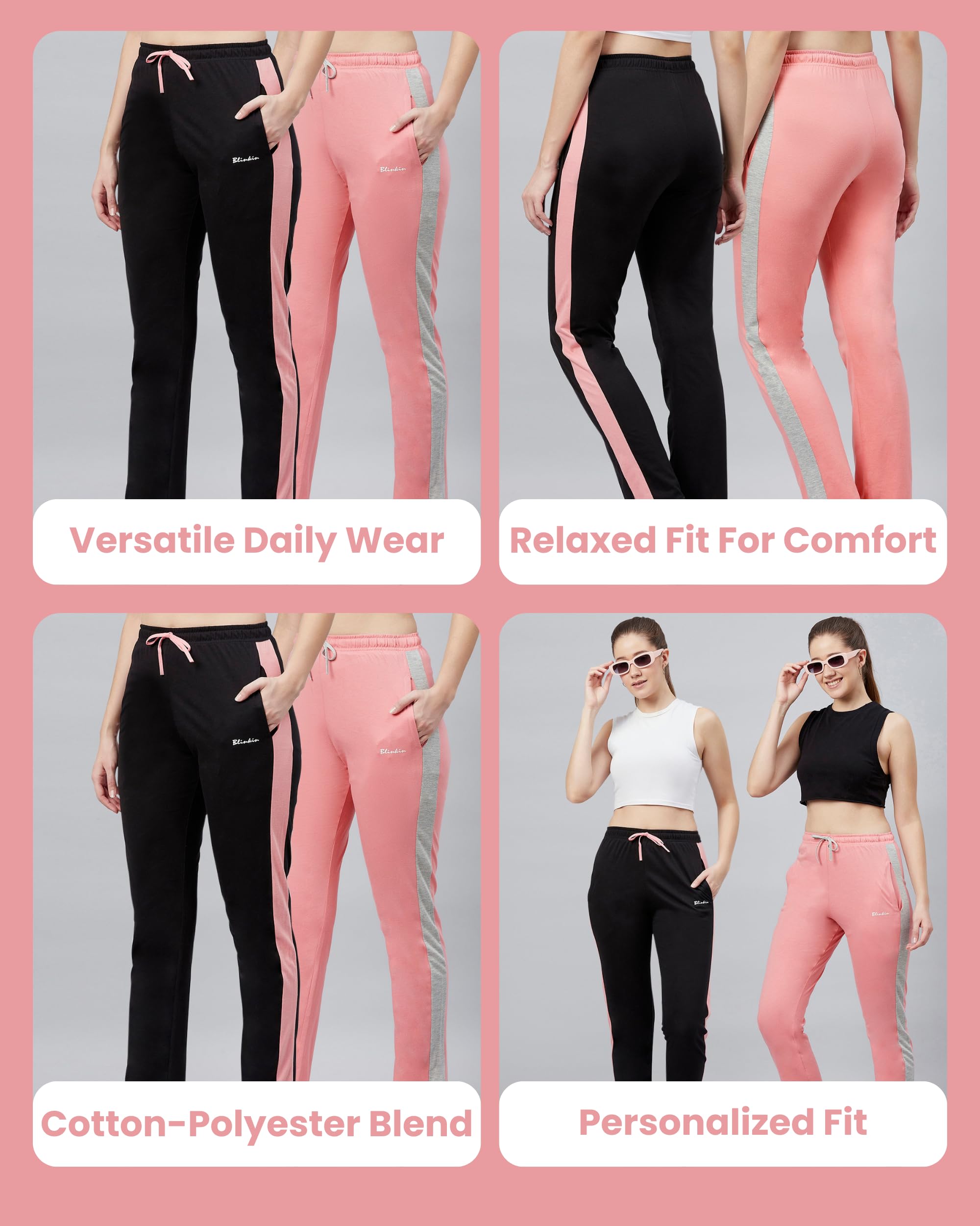 BLINKIN Women Mid Rise Cotton Pajamas Combo, Pack of 2-The Ultimate Relaxed Fit Track Pants : Ideal Lower for Night Wear & Comfort Wear (combo-905,Black|Pink,Size_3XL) - Image 4 thumbnail