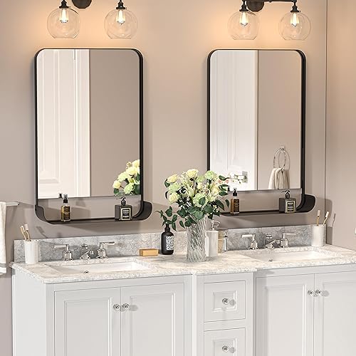 Miniatura 2 de Espejo de baño con marco de metal negro para pared, 36 x 24 pulgadas, moderno espejo de tocador rectangular mate para pared de baño con estante