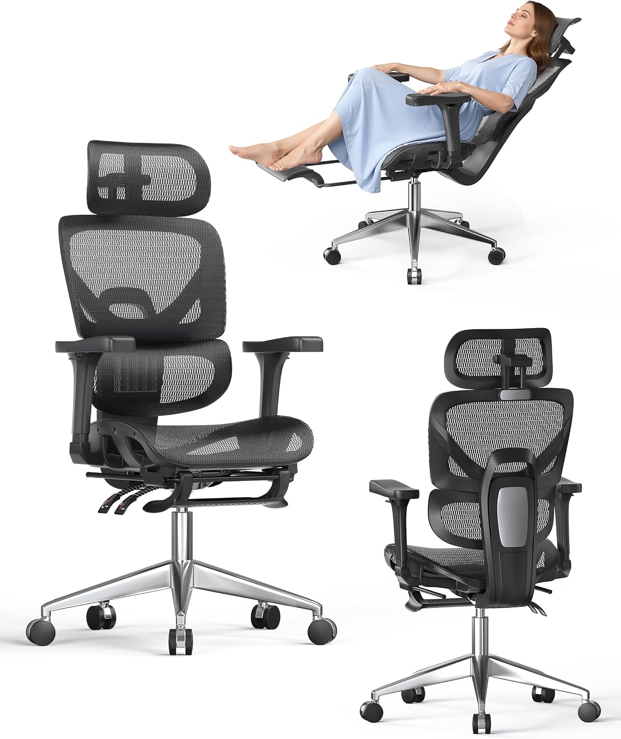 naspaluro Sedia Ufficio Ergonomica, Sedia da scrivania Braccioli 3D Poggiatesta Schienale Alto Rete, Supporto Lombare, Poggiapiedi, Sedia Girevole Computer per Casa Ufficio, Lavoro e Gaming-Nero