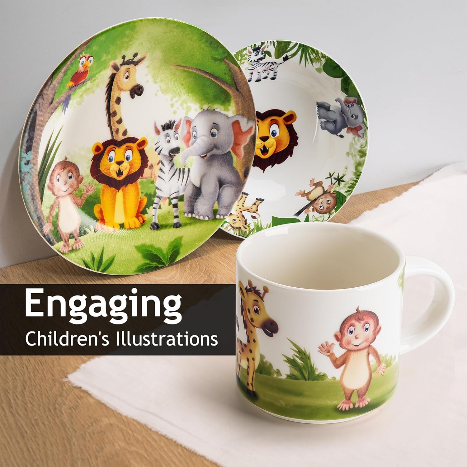 MIAMIO Kids' Jungle Dinnerware Set - 3 Pieces, Ceramic, Includes Plate, Bowl, and Cup