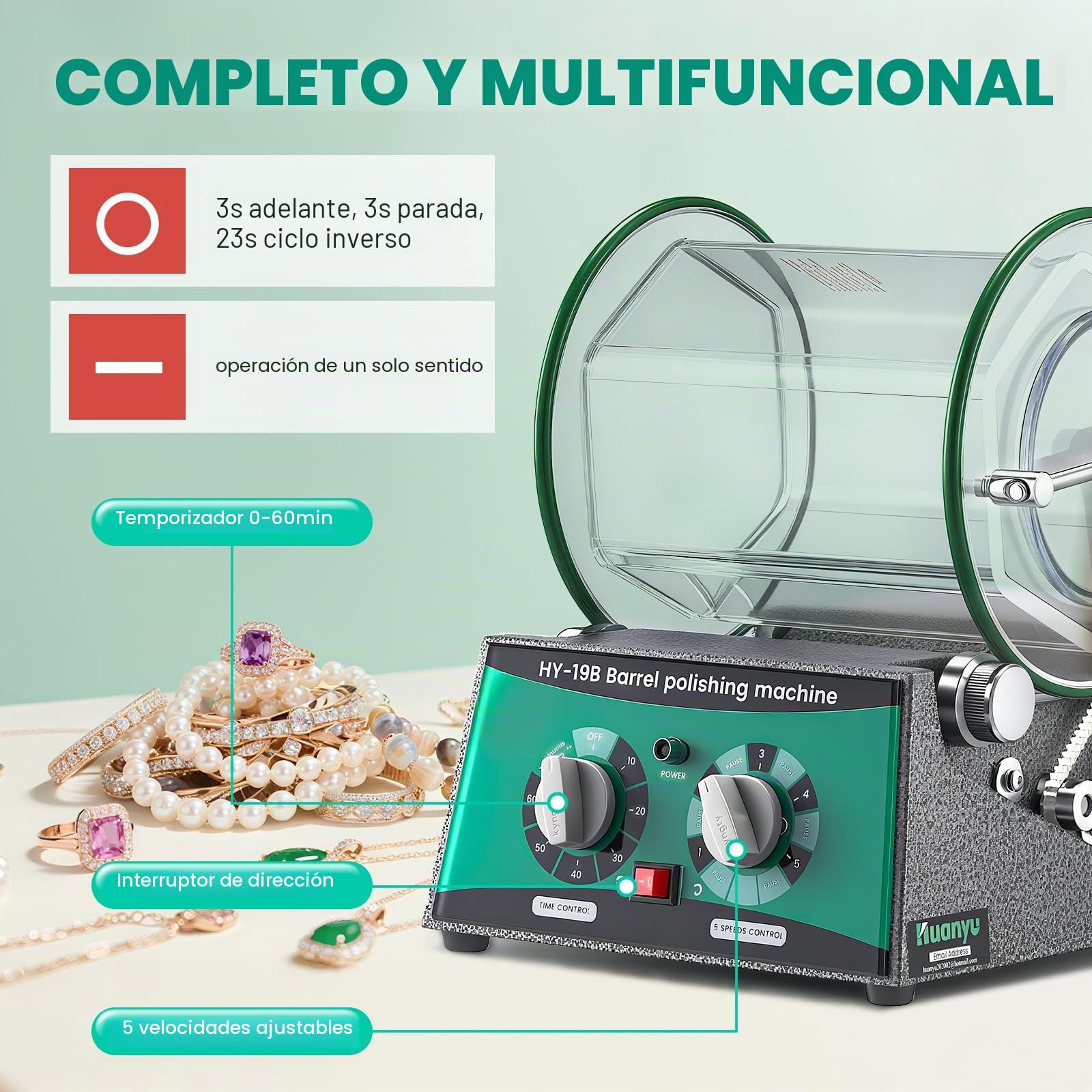 Huanyu Pulidor de la joyería 5kg Capacidad Barril Tumbler Pulidor Rotary Tumbler Máquina de pulido de barril con 450g perlas de pulido