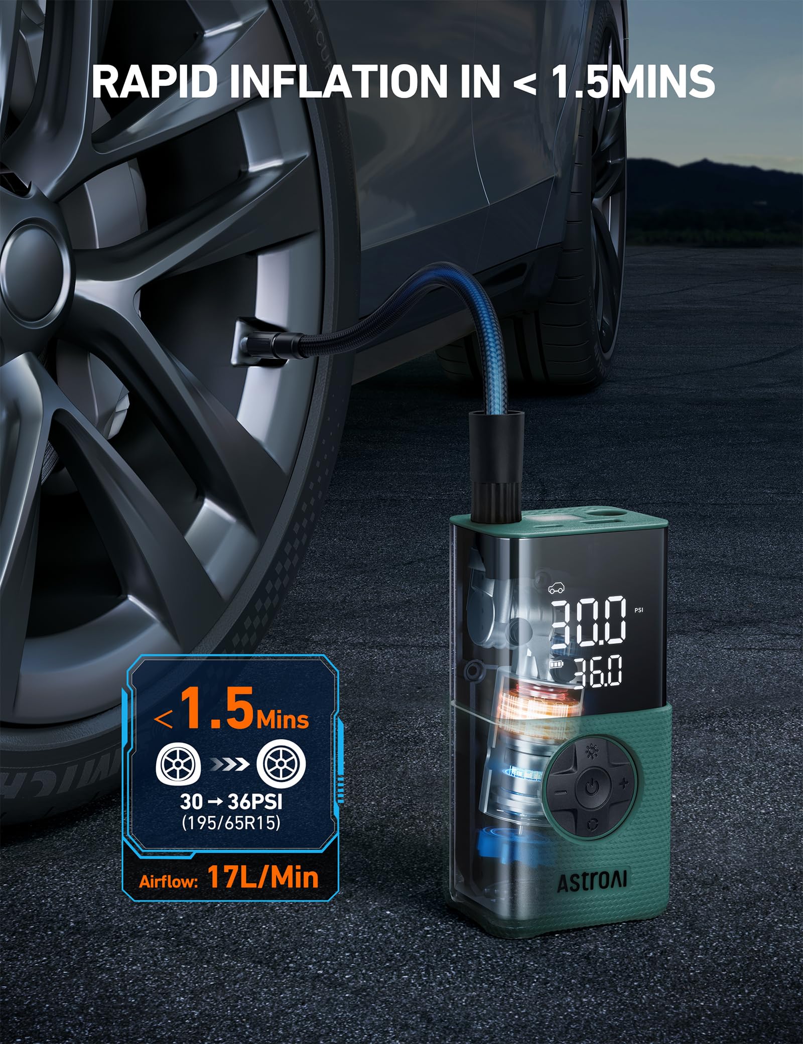 AstroAI L7S Tire Inflator Portable Air Compressor Cordless with Digital Pressure Gauge, 150 PSI LED Light Bike Air Pump with Fast Inflation & Auto Shut-Off for Car Tires,Motorcycles,Bikes,Balls,Green view 4