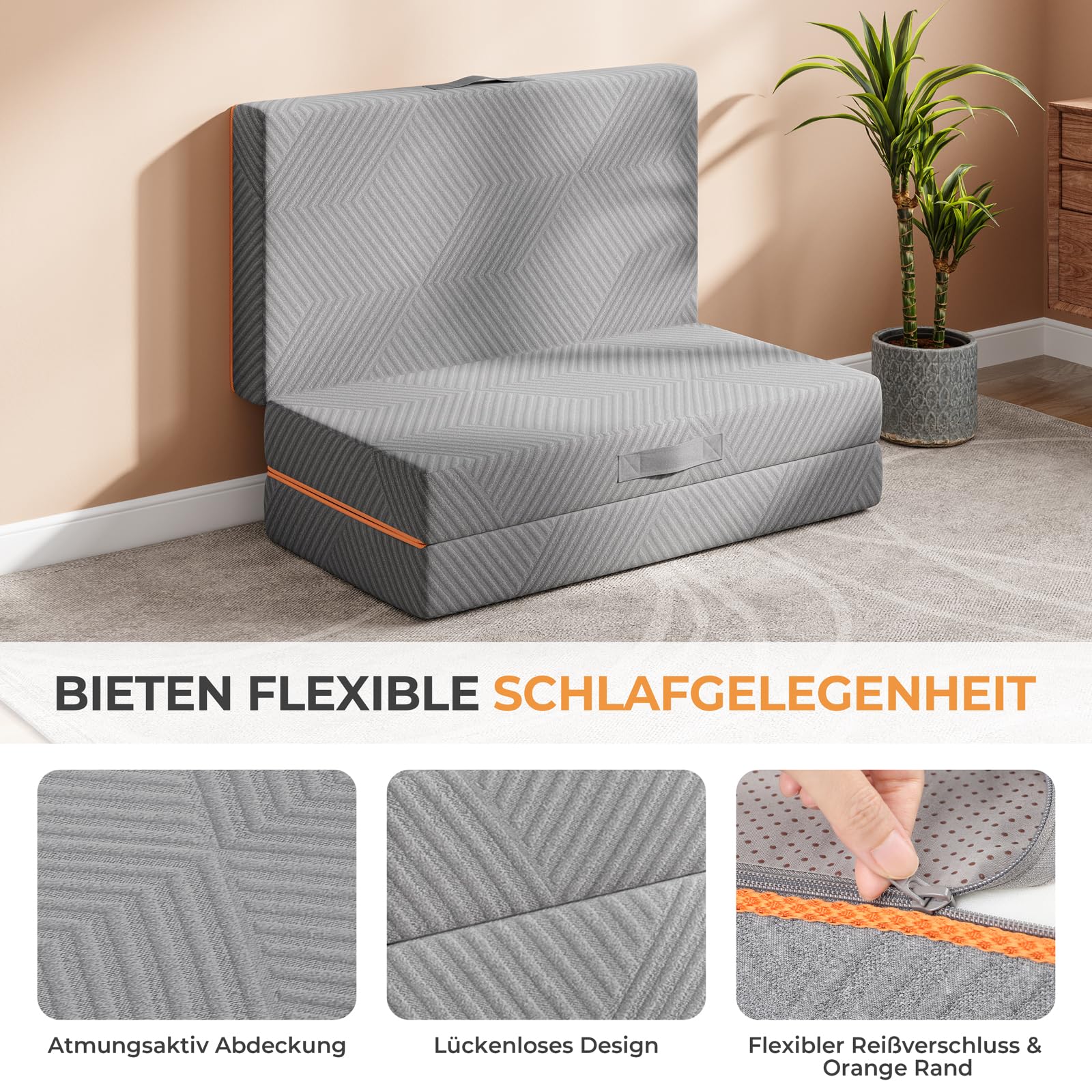 Vesgantti Colchón Plegable para Invitados, colchón Plegable de Espuma de Gel de 3 Piezas para Viajes, Camping, Suelo, Cama de Invitados, Funda Lavable, colchón Plegable, Certificado Öko-Tex