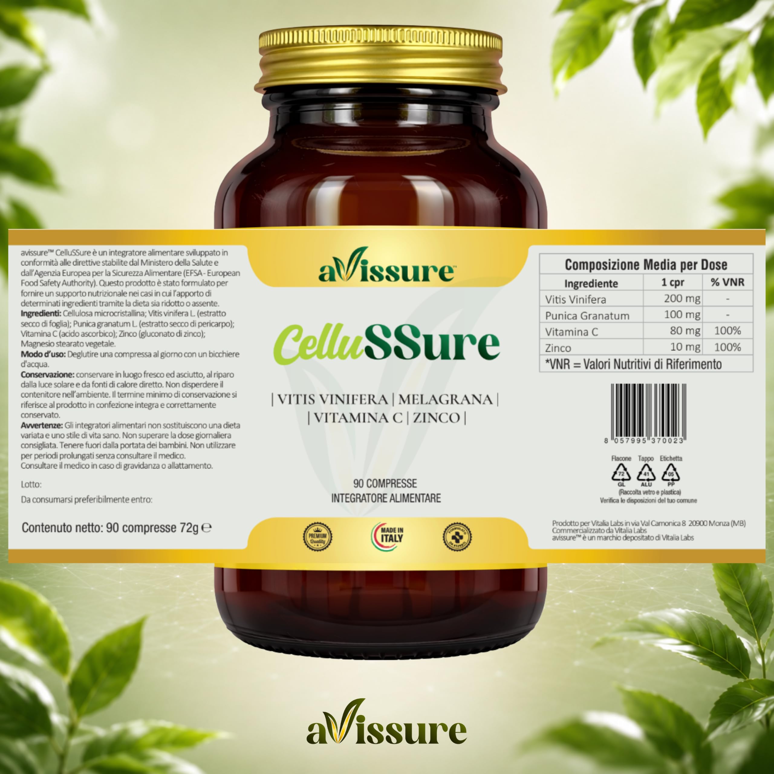 CelluSSure Integratore Alimentare 90 Compresse Vegan con Estratti Vegetali, Vitis Vinifera, Punica Granatum (Melagrana), Vitamina C Acido Ascorbico, Zinco Gluconato, 1 Compressa per 3 Mesi, avissure