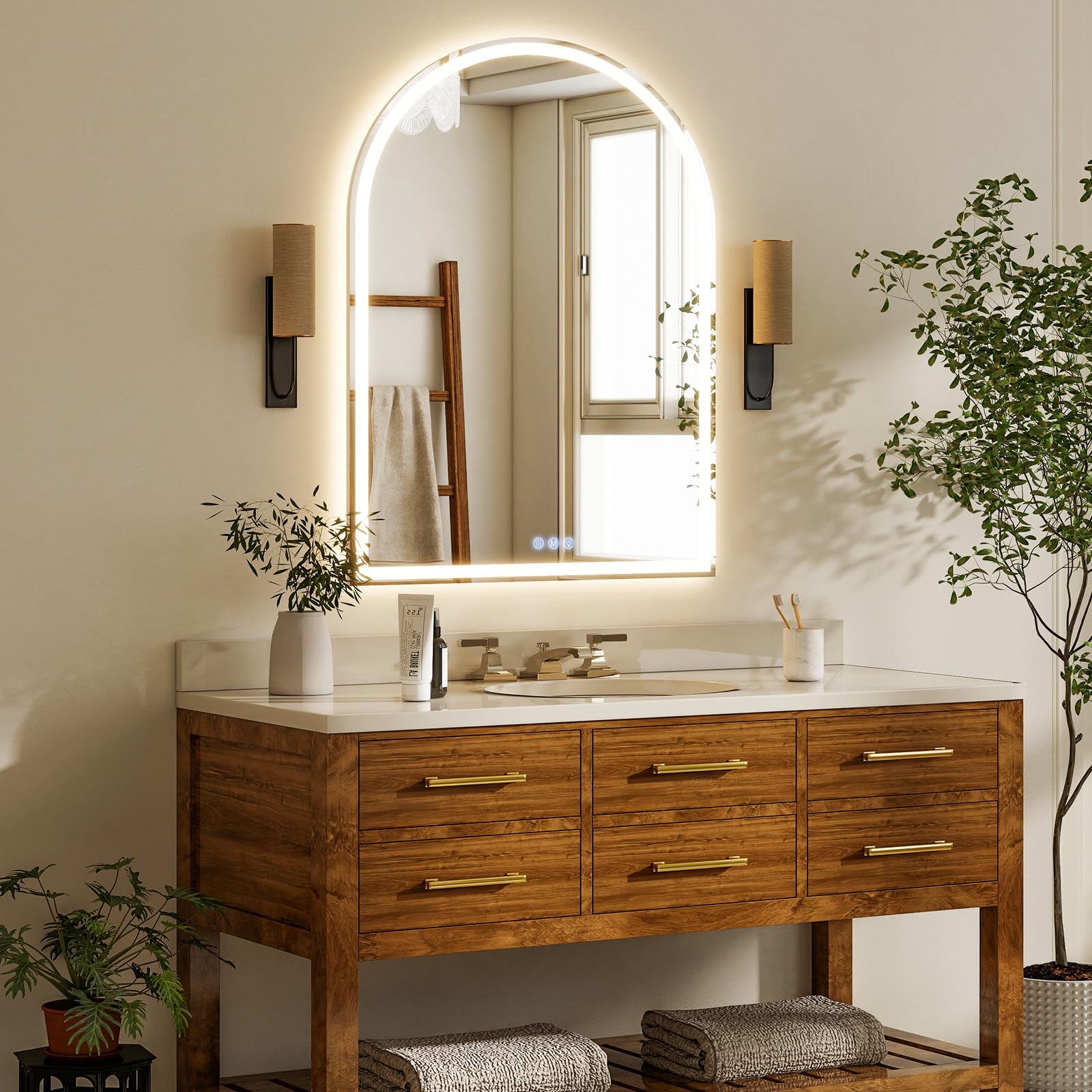 Koonmi Arched LED Bathroom Mirror, 60 x 90 cm, Front and Backlit, Dimmable