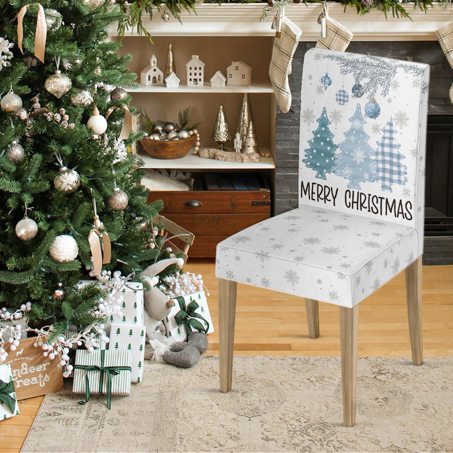 Horaldaily 8PCS Christmas Dining Chair Covers, Blue Pine Trees Stretch Removable Washable Slipcover Chair Protector for Dining Room Home Decor