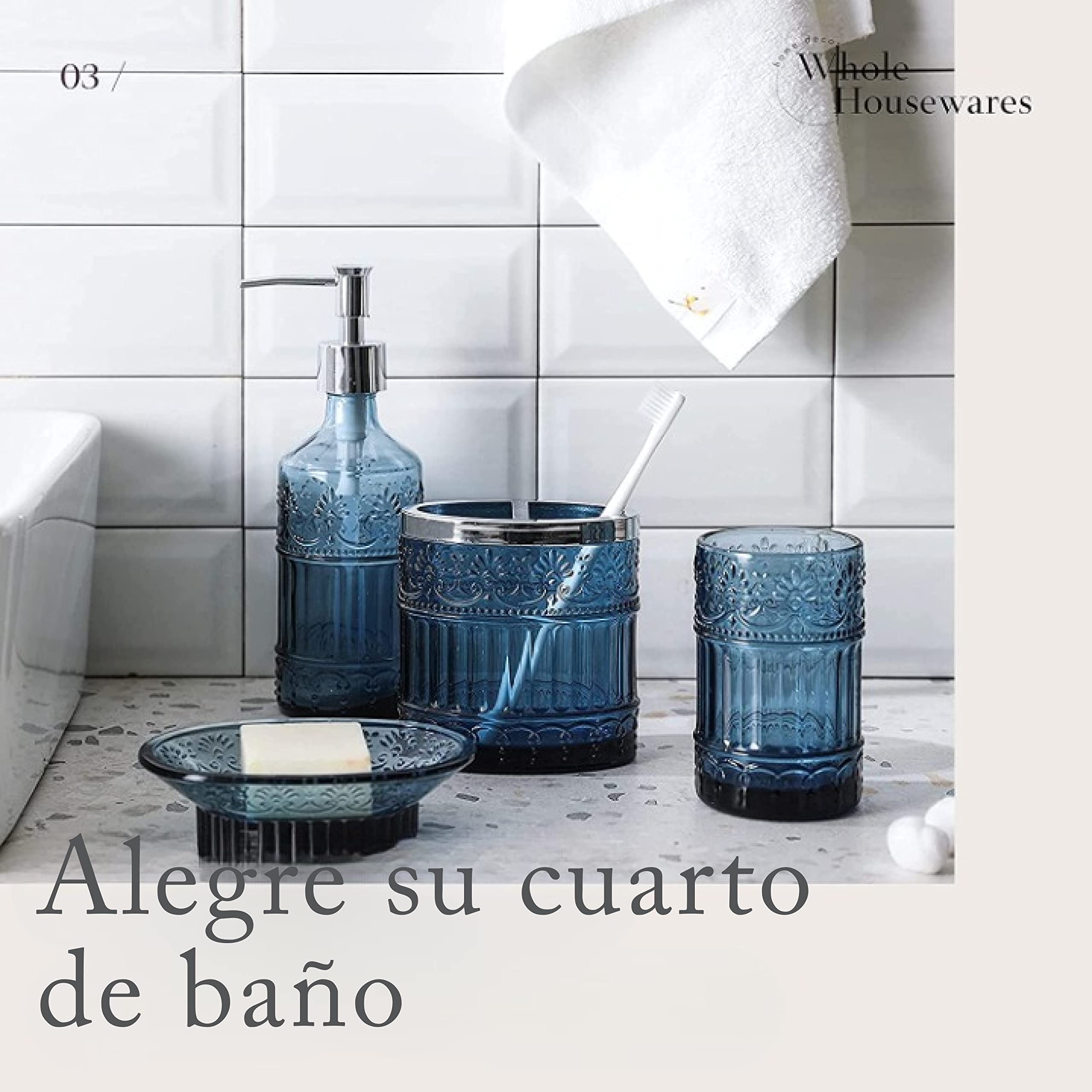 WHOLE HOUSEWARES | Juego de accesorios de baño de cristal decorativo (4 piezas) | Dispensador de jabón, bandeja, tarro, portacepillos de dientes | Elegante mosaico de cristal (azul)