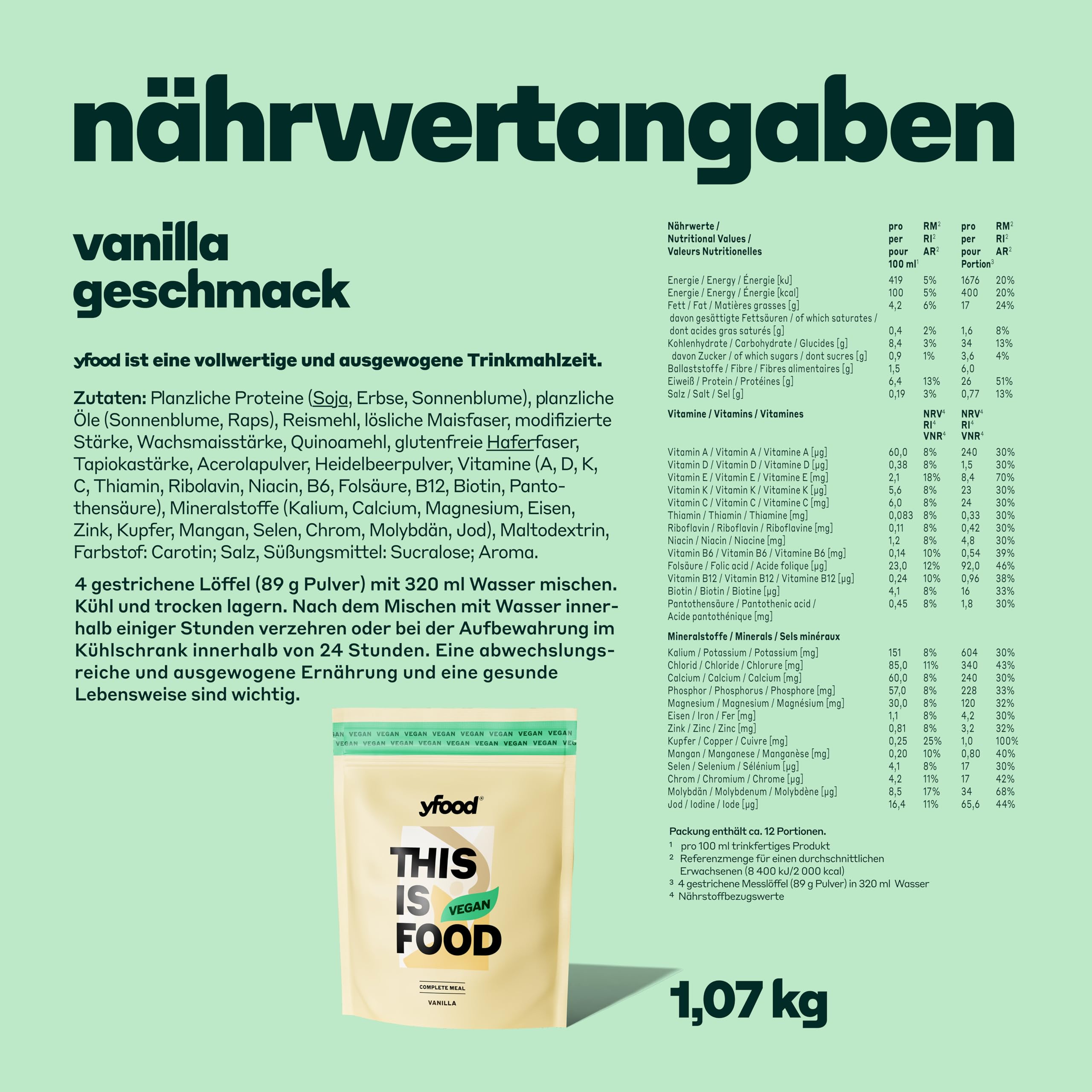 yfood Poudre végétalienne à la vanille, délicieux repas à boire pour les déplacements, THIS IS FOOD en poudre, 26 g de protéines, 12 repas, 26 vitamines et minéraux, goût : vanille (végétalien)