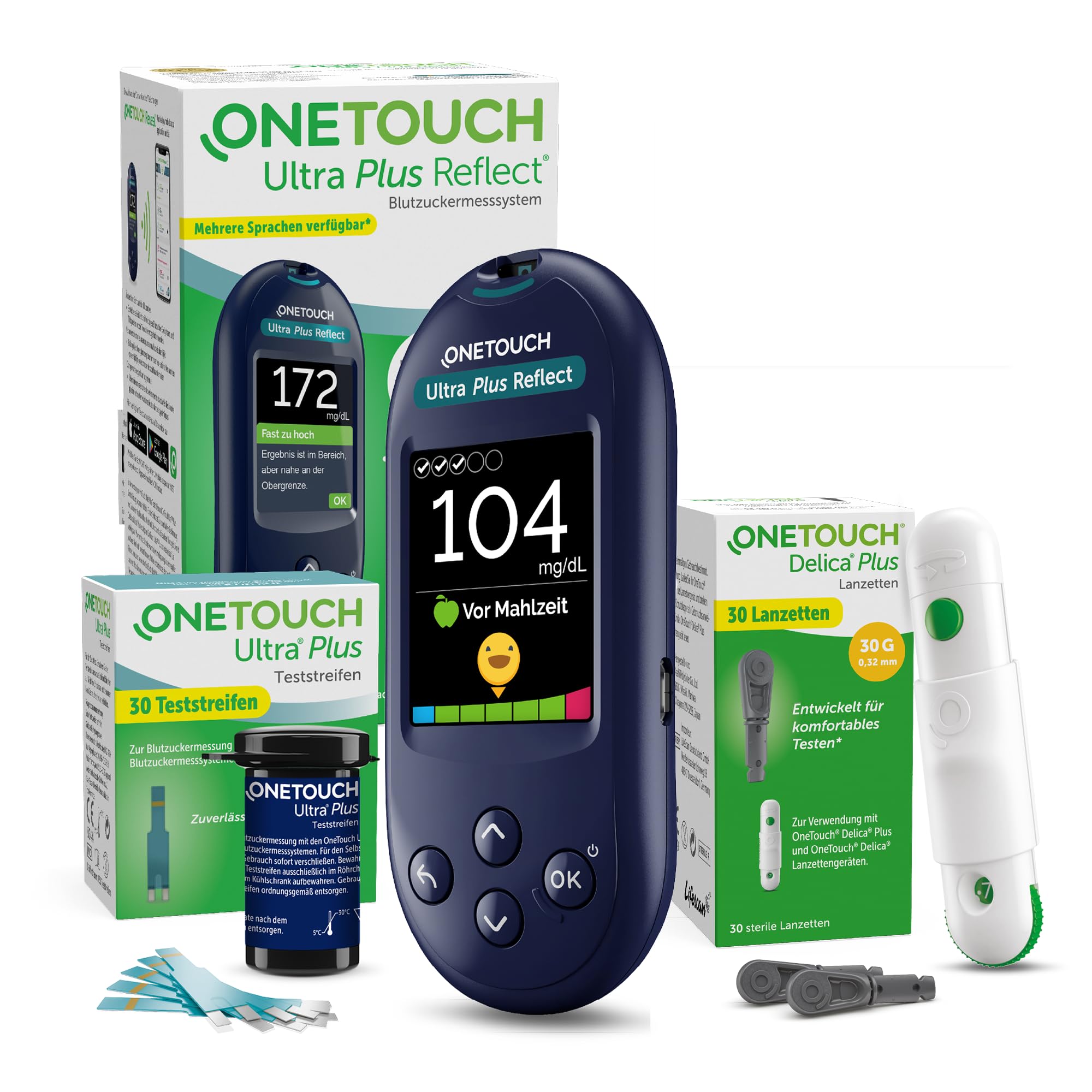 OneTouch Ultra Plus Reflect® Blutzuckermessgerät Set – Starterset Diabetes mg/dL – Inkl. 40 Teststreifen & 40 Lanzetten – Präzise Messung, einfache Anwendung – Stiftung Warentest SEHR GUT (1,5)