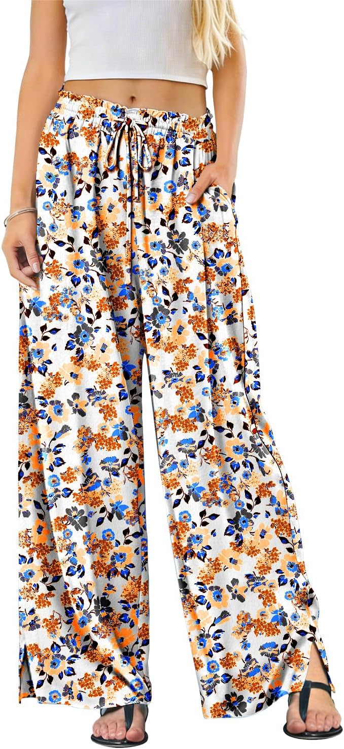YESNO Summer Wide Leg Pants for Women Elastic Waist Lightweight Casual Lounge Beach Palazzo Trouser with Pockets PPN