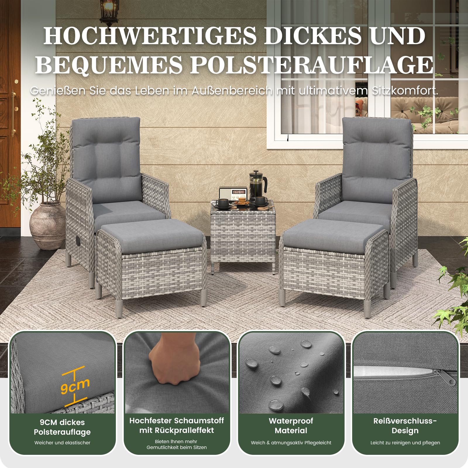 Amopatio Rattan Gartenmöbel Set mit 2 Verstellbarem Rattan Sessel, 2 Hocker & Glastisch, Wetterfest Lounge Möbel Outdoor mit Softkissen, für Garten,Terrasse & Balkon, Grau-meliert & Dunkelgraue Bezüge