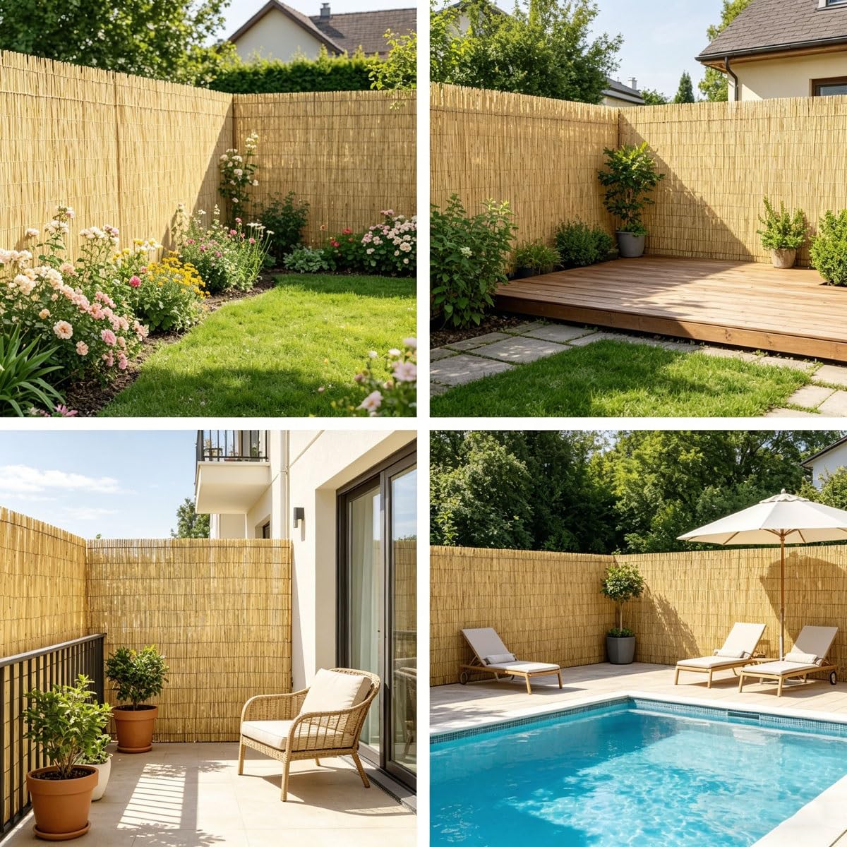 Canniccio di Bambù Pelato Naturale | Stuoia Arella per Recinzione Esterno Ombra Privacy | Cannette per Giardino Balcone Terrazza Piscina | Rotolo da Arelle Decorativo Recinzione(Marrone,H1.1 x L1.5m)