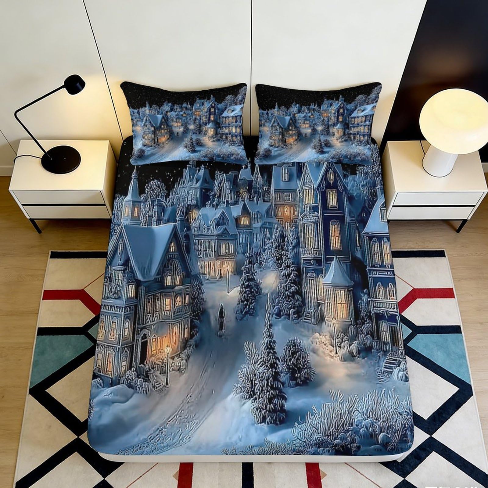 3D Printed Winter Village Fitted Sheet Microfiber Soft 3D Printed Snowy Town Mattress Cover for Bedroom Dormitory Guest Room Mattress Protection Decor 140x200x25cm