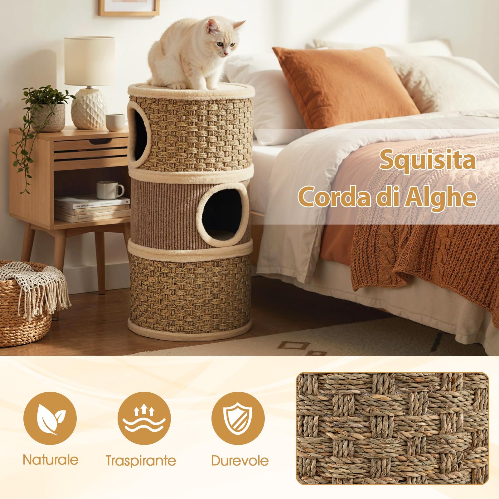 COSTWAY Cuccia per Gattini a 3 Piani a Barile (Marrone, 36 x 36 x 70 cm) | Torre per Gatti con Tappetino Tiragraffi in Sisal, Letto Morbido per Nanna e Base Rinforzata per Appartamenti