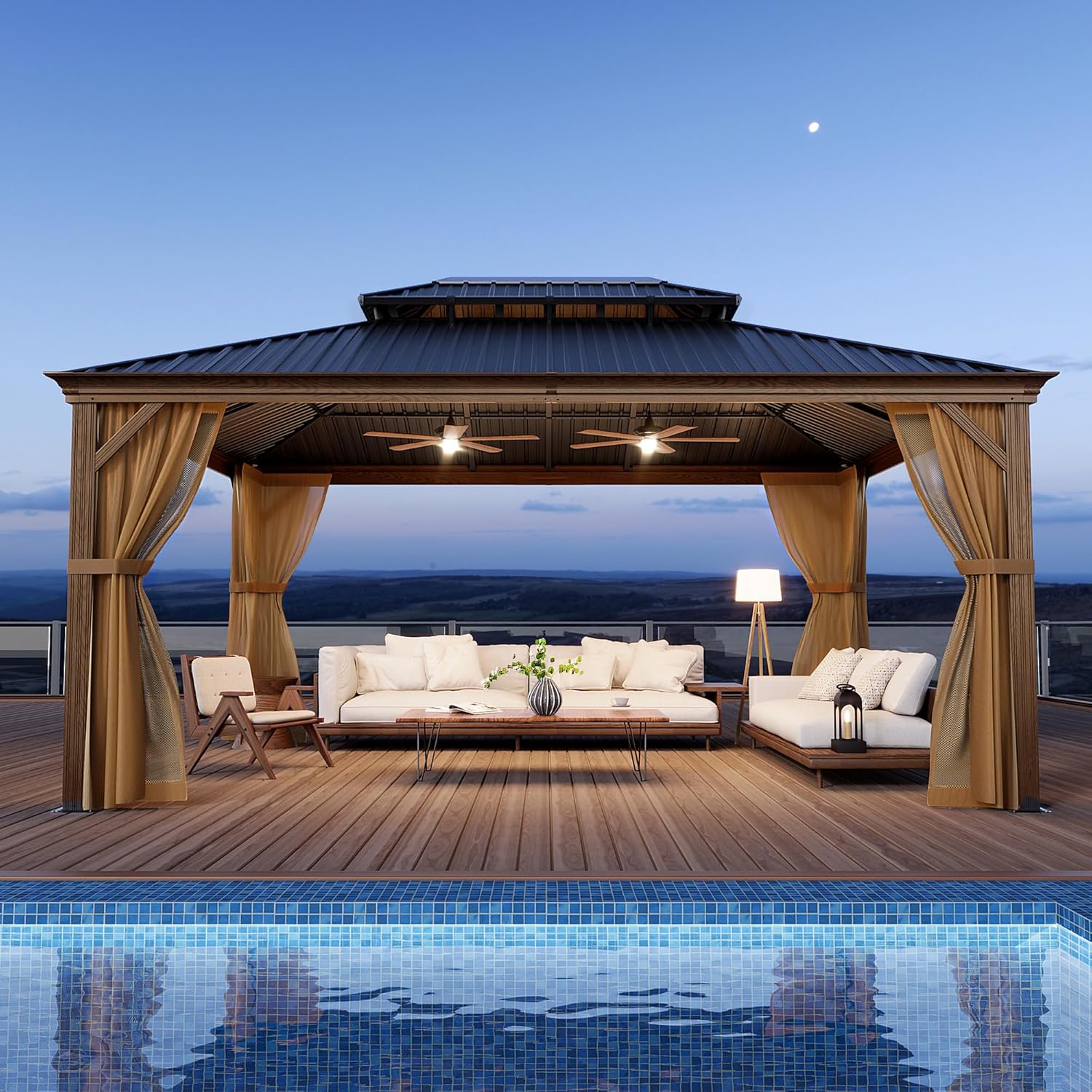 SUNBURY 12'x 16' Hardtop Gazebo, Outdoor Metal Gazebo with Double Roofs, Outdoor Aluminum Canopy with Woodgrain Steel Columns and Mosquito Netting for Patio, Backyard, Garden, Deck (Black Walnut)