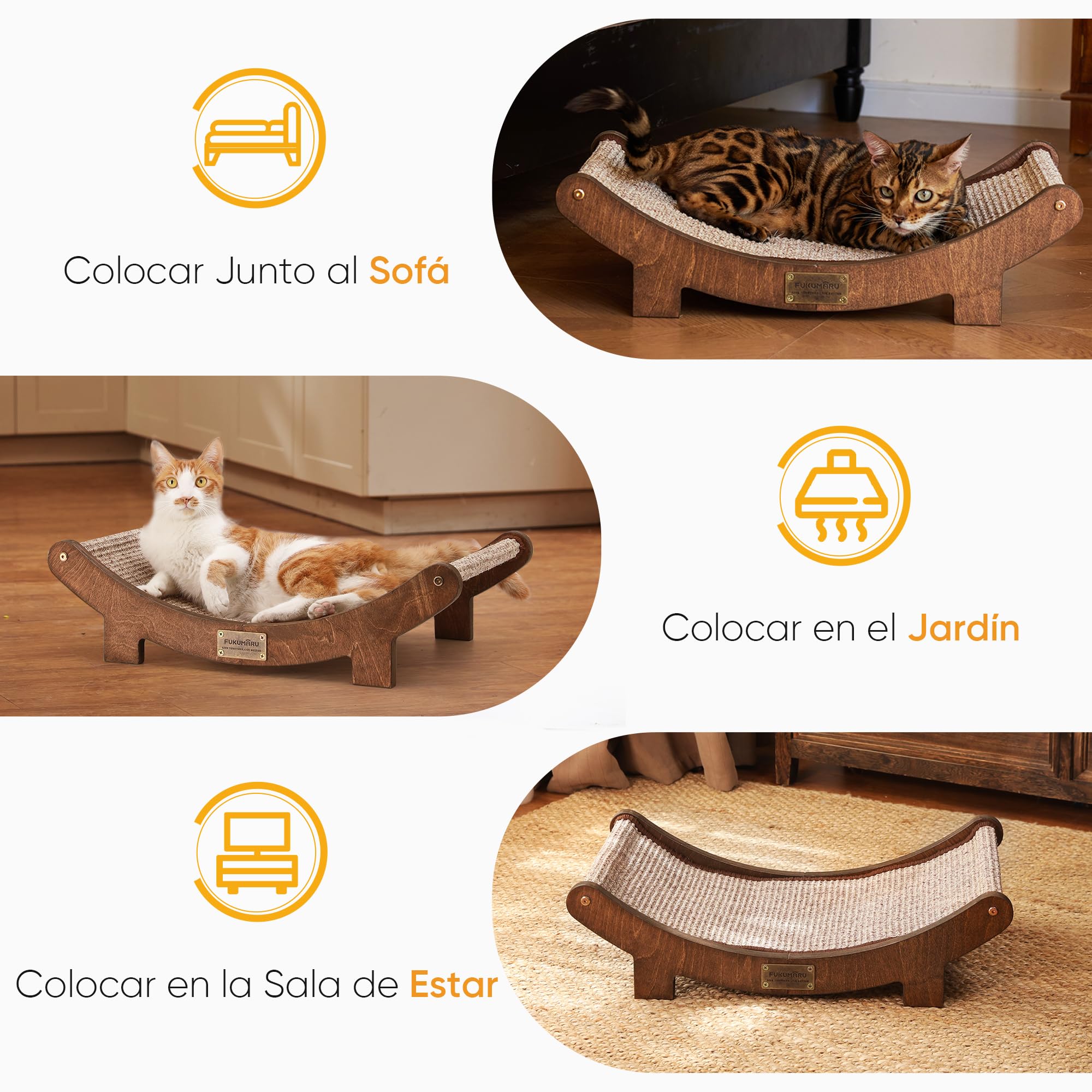 FUKUMARU Rascador de sisal en Madera, 60 cm Cama rascadora Robusta para Gatos domésticos, Hamaca de sisal 100% Natural, Base de Madera Maciza para Dormir y rascar uñas (Acabado Nogal)