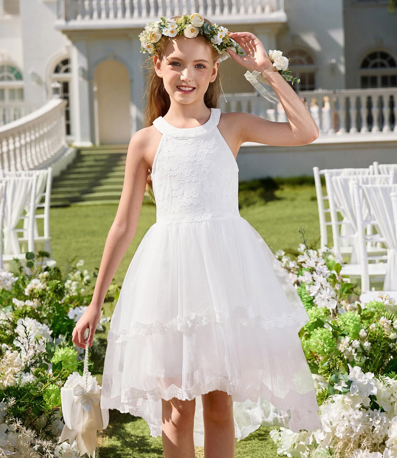 GRACE KARIN Vestidos de fiesta de boda de malla para niñas, cuello redondo, acampanados, vestidos de comunión festivos