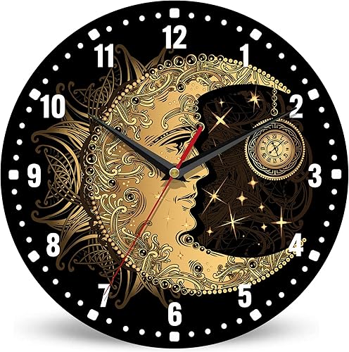 SPUNKER Reloj para dormitorio, reloj de pared bohemio con luna y sol, funciona con pilas, de 10 pulgadas, reloj redondo con mandala dorado,