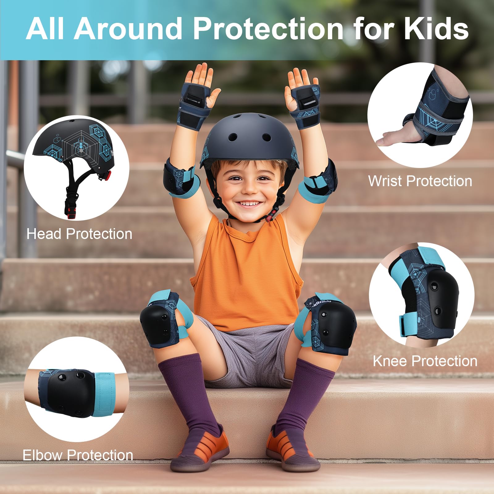 Casco da Bici per Bambini per Bambini di Età Ccompresa tra i 3 e gli 8 anni,Set di Protezioni Sportive Leggere con Ginocchiere, Gomitiere e Polsiere per lo Skateboarding/la Bicicletta/lo Scooter