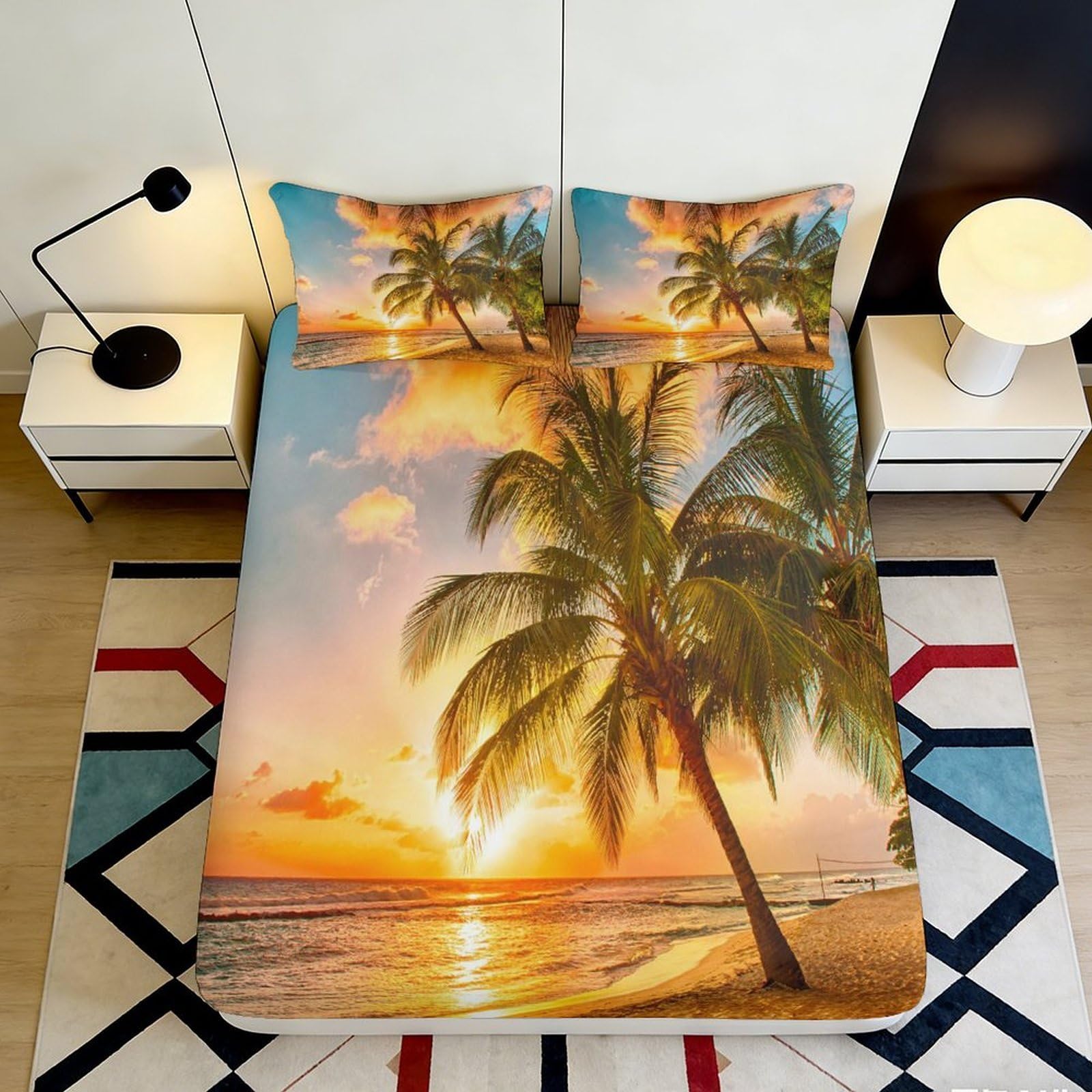 3D Printed Tropical Sunset Palm Trees Fitted Sheet Microfiber Soft Breathable Beach Scene Mattress Cover for Bedroom Dormitory Guest Room Mattress Protection Decor 120x200x25cm