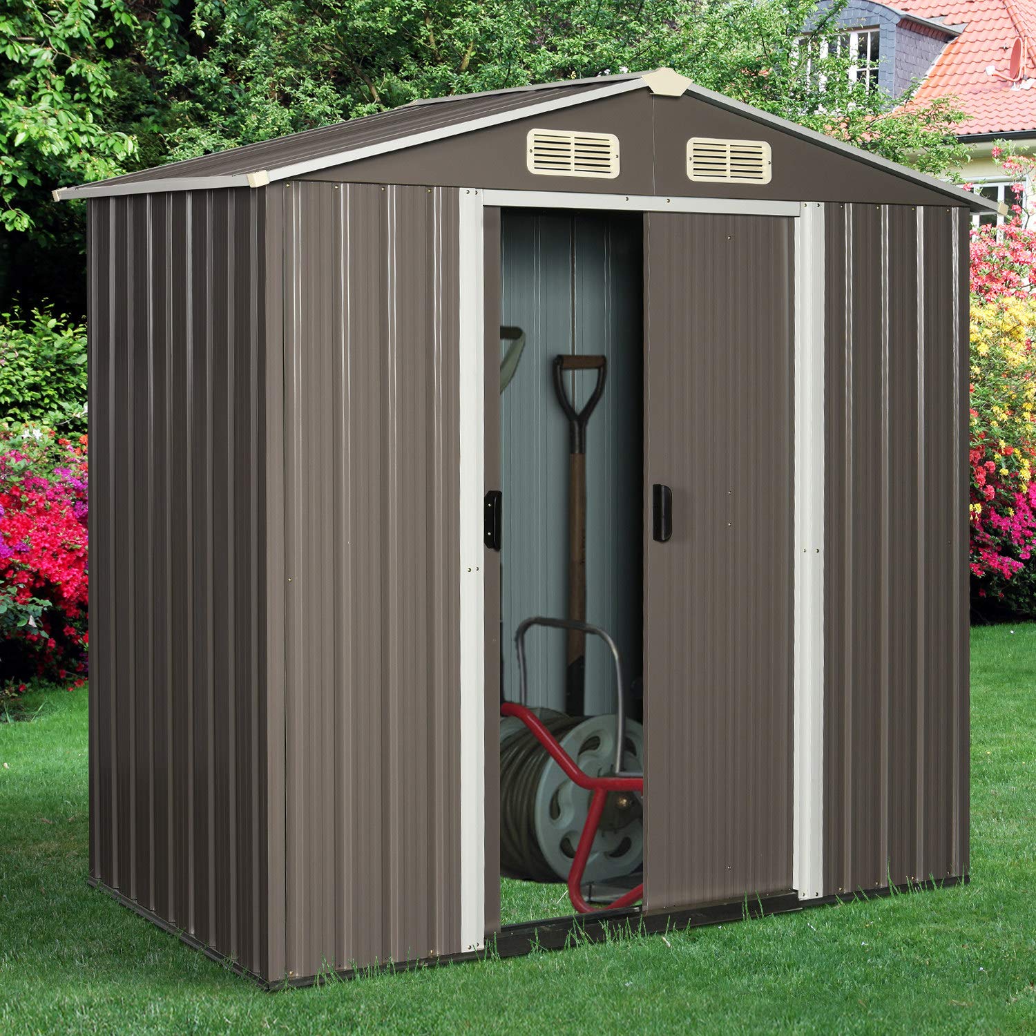 Outsunny 6 x 3.6 ft Corrugated Metal Garden Storage Shed w/Sliding Door