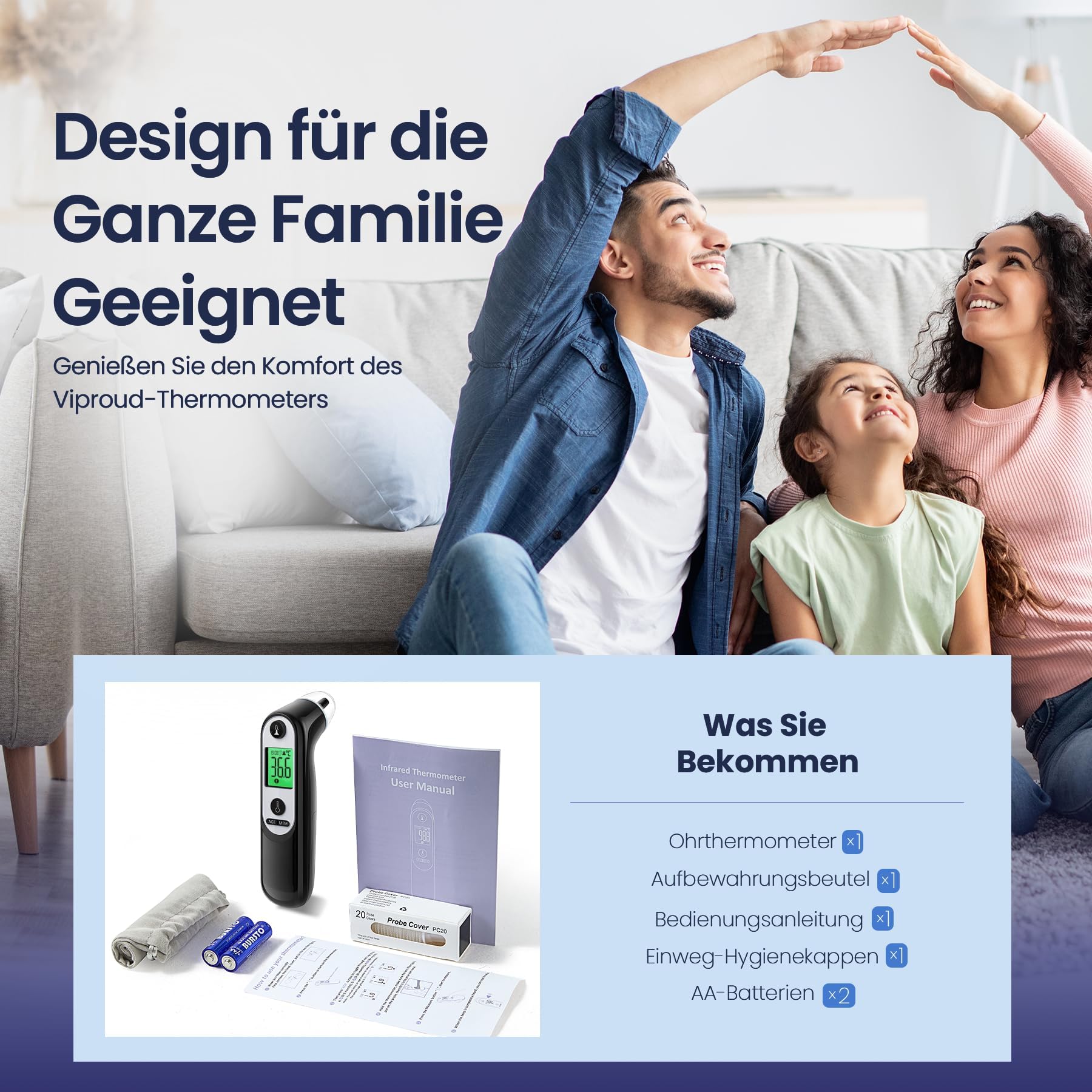 Digitales Infrarot-Ohrthermometer für Babys, Erwachsene & Senioren – Präzise Alterserkennung, farbcodiertes Display, 21x Hygienekappen, 1-Sekunden-Messung & Fieberalarm (Schwarzer)
