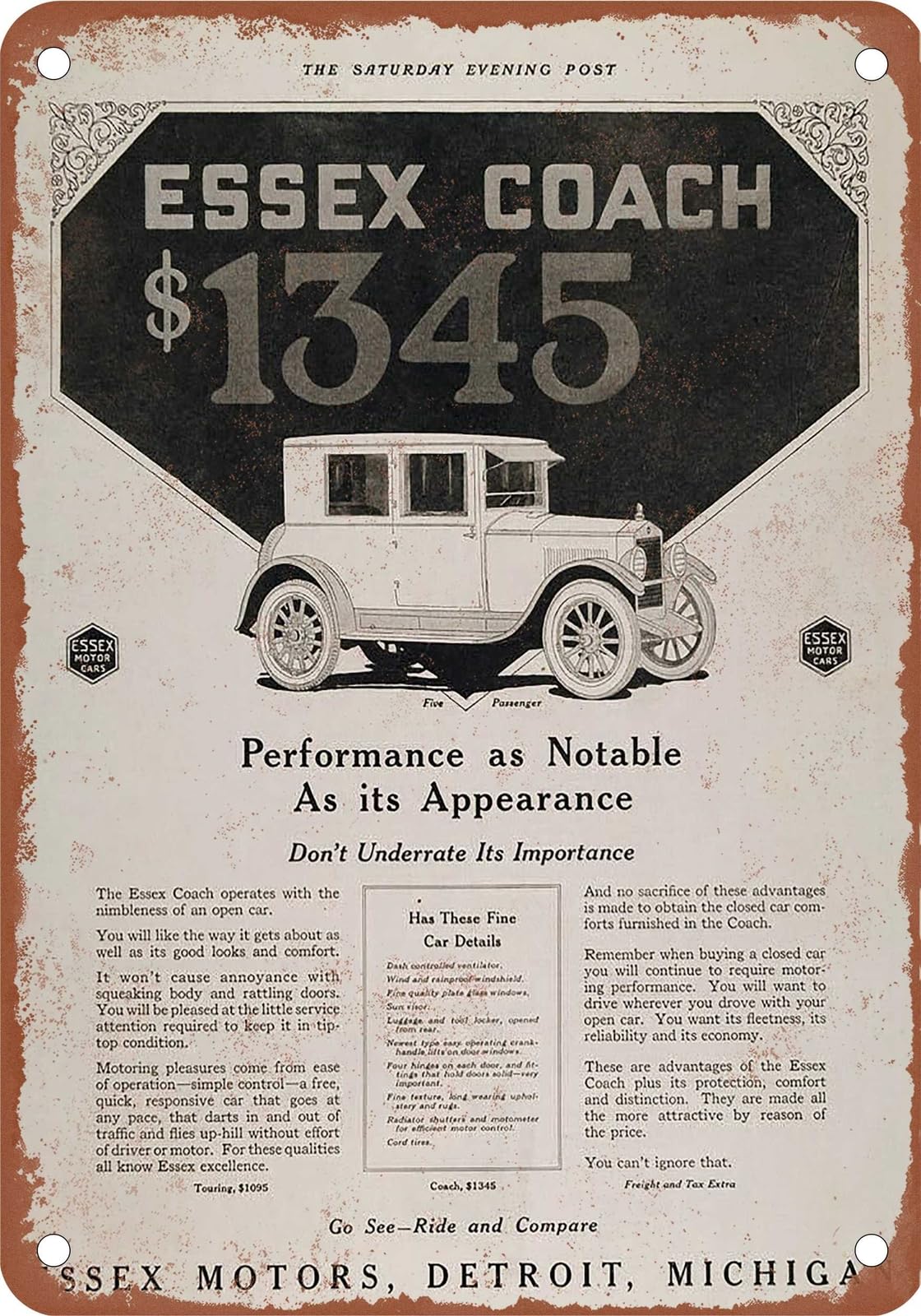 METAL SIGN - 1922 Essex Vintage Ad 01 - Old Retro Rusty Look home decor