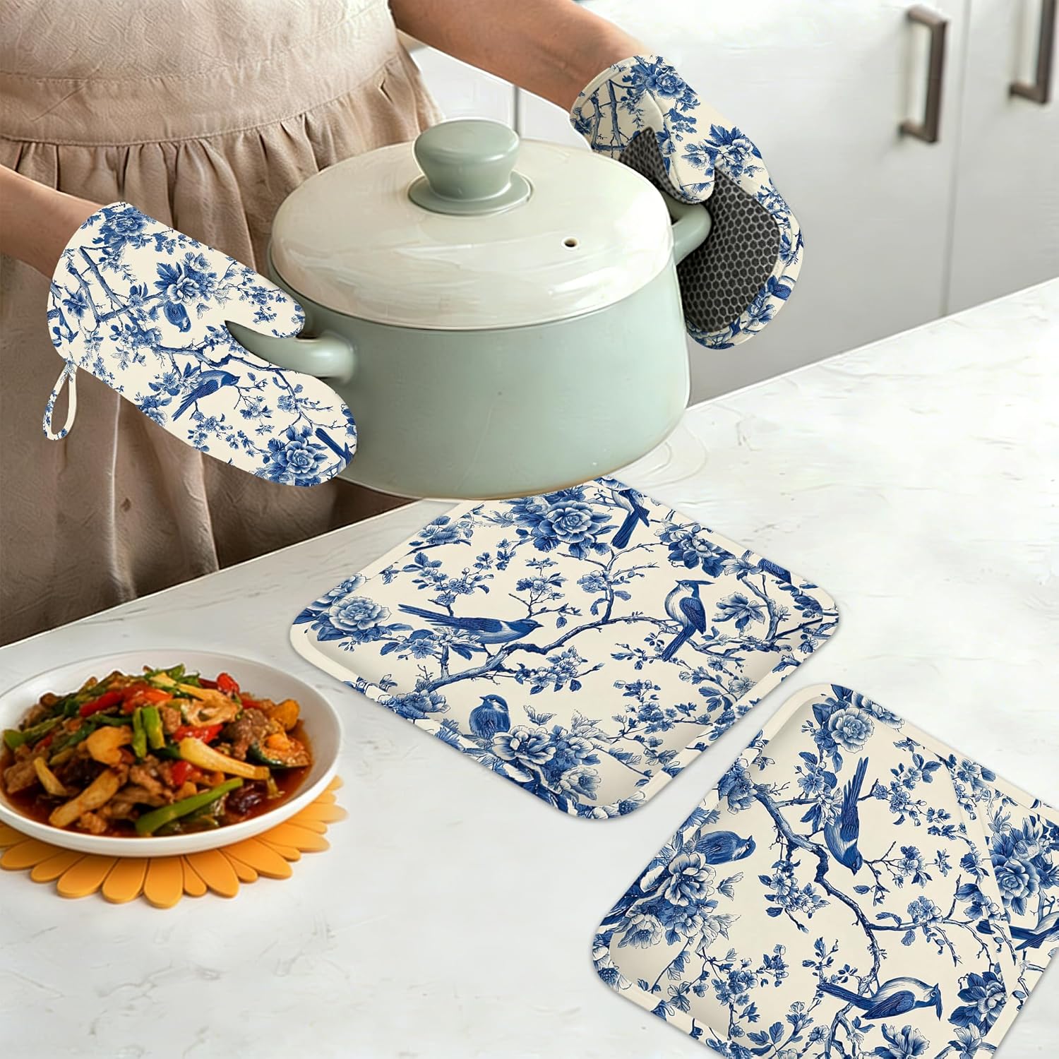 Blue Hummingbird Oven Mitts and Pot Holders Sets,Silicone Spring Flowers Kitchen Mitts Potholders Heat Resistant 4Pcs Oven Gloves Hot Pads for Kitchen Baking Cooking