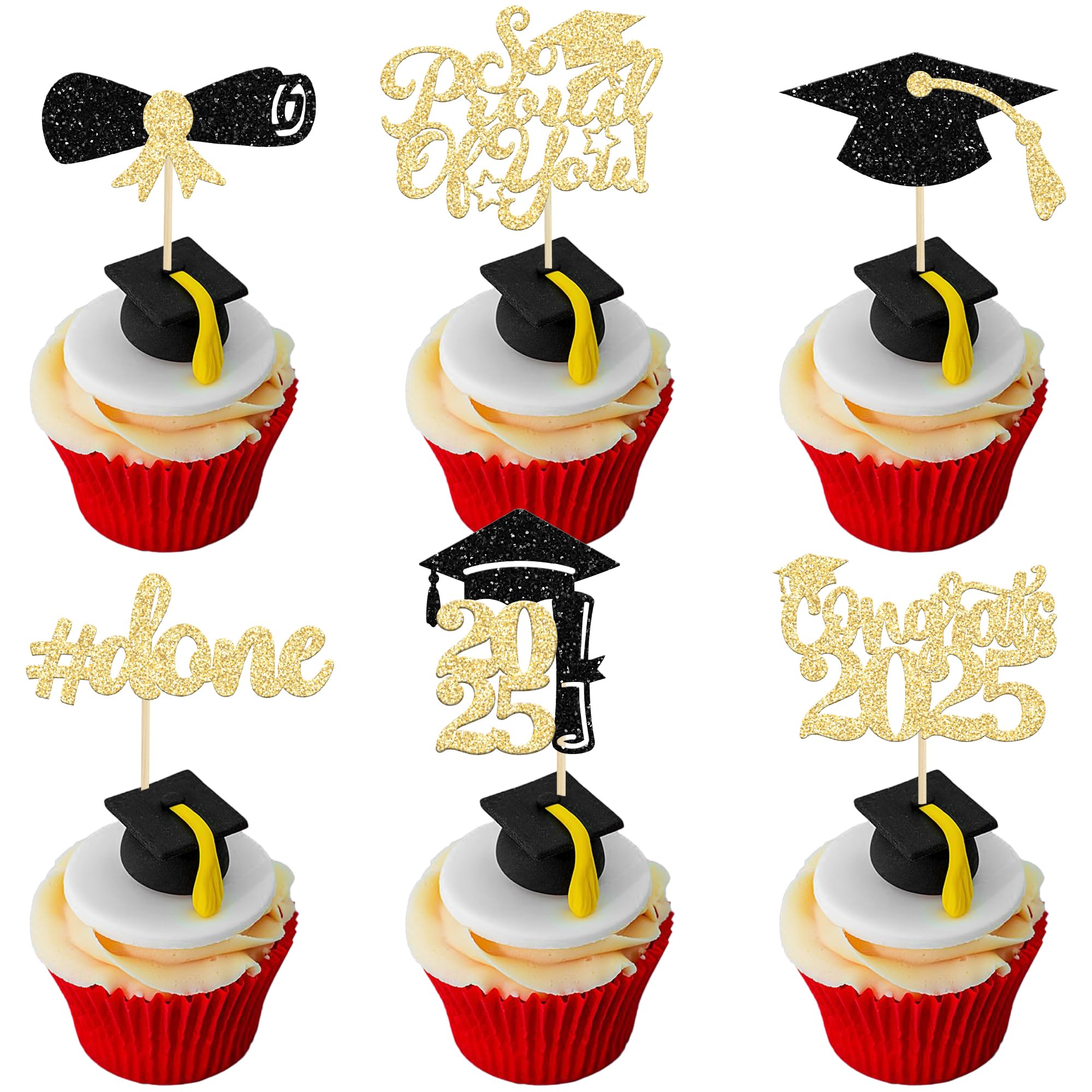 Gyufise 24Pcs Graduation Cupcake Toppers 2026 Gold Glitter Class of 2026 Cupcake Toppers Supplies So Proud of You Grad Cap Diploma Cupcake Picks for Graduation Party Decorations 2026