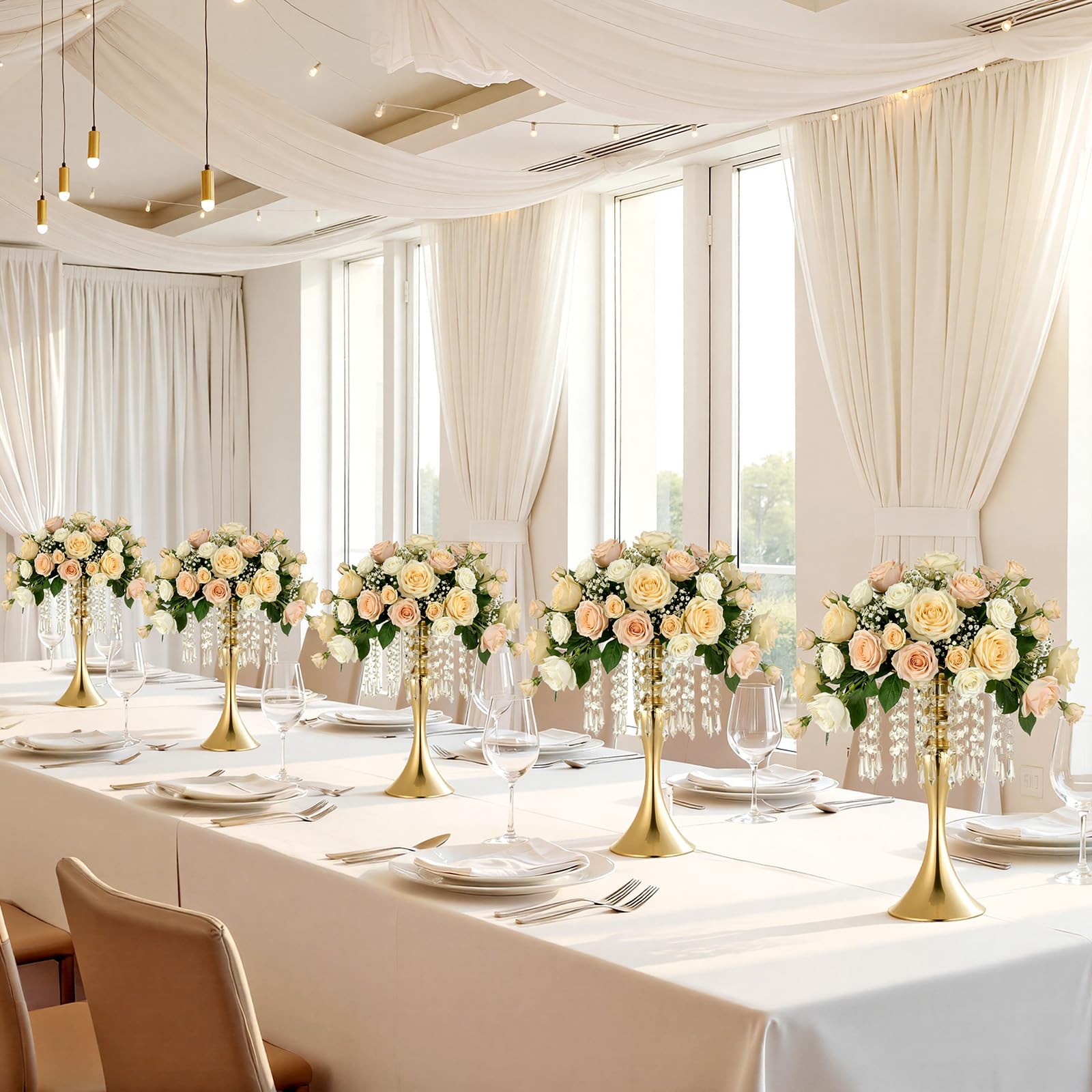 VEVOR Jarrones Decorativos, Paquete de 20 Piezas, Floreros de Metal Dorados con Cadena de Cristal, Altura de 33,5 cm, Centro de Mesa para Boda, Decoración para Banquete Ceremonia Fiesta Recepción