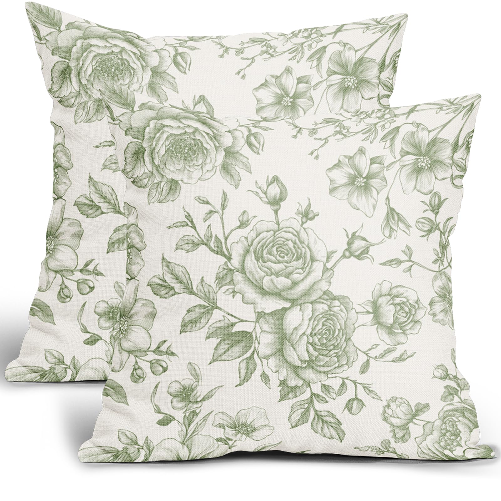 Sage Green and White Floral Throw Pillow Covers Chinoiserie Cushion Case 18 x 18 Inch Spring Flowers Pillow Cover Decorative Rustic Cotton Linen