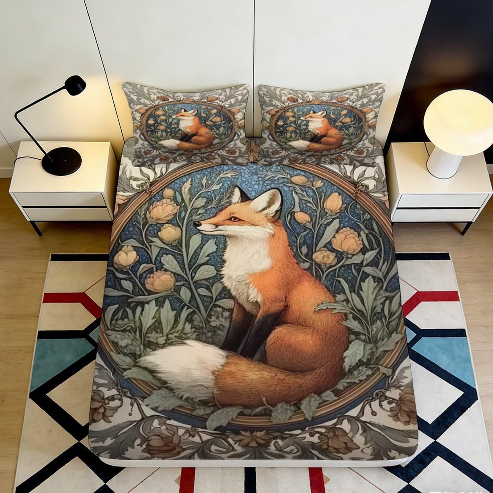 3D Printed Vintage Fox Fitted Sheet Microfiber Soft Breathable Floral Forest Mattress Cover for Bedroom Dorm Decor 90x200x25cm