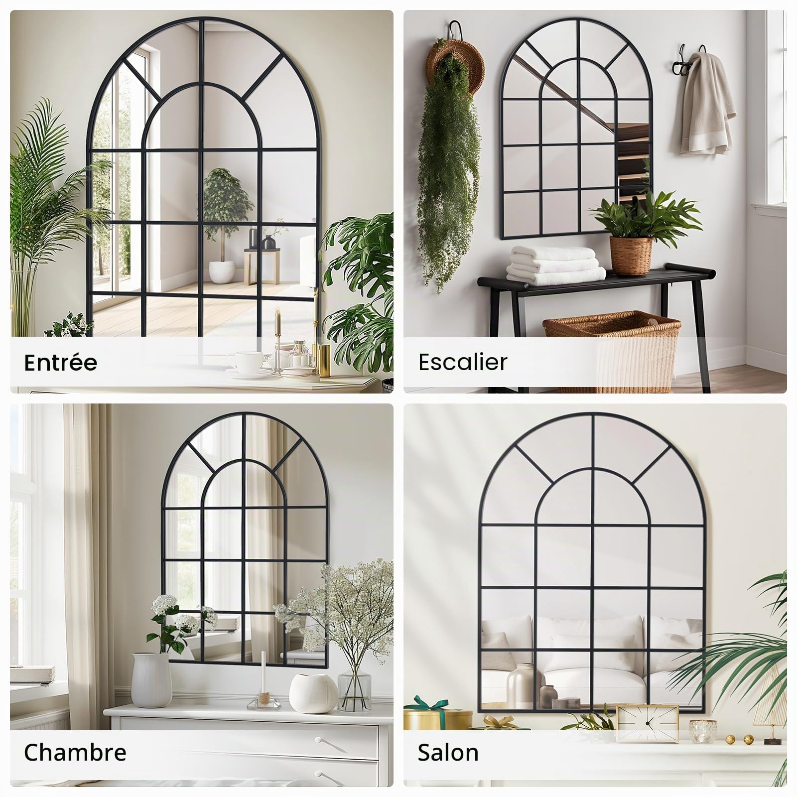 Miroir mural de fenêtre arqué 75 x 100 cm avec cadre en aluminium noir pour intérieur, salon, couloir, entrée, décoration de jardin extérieure