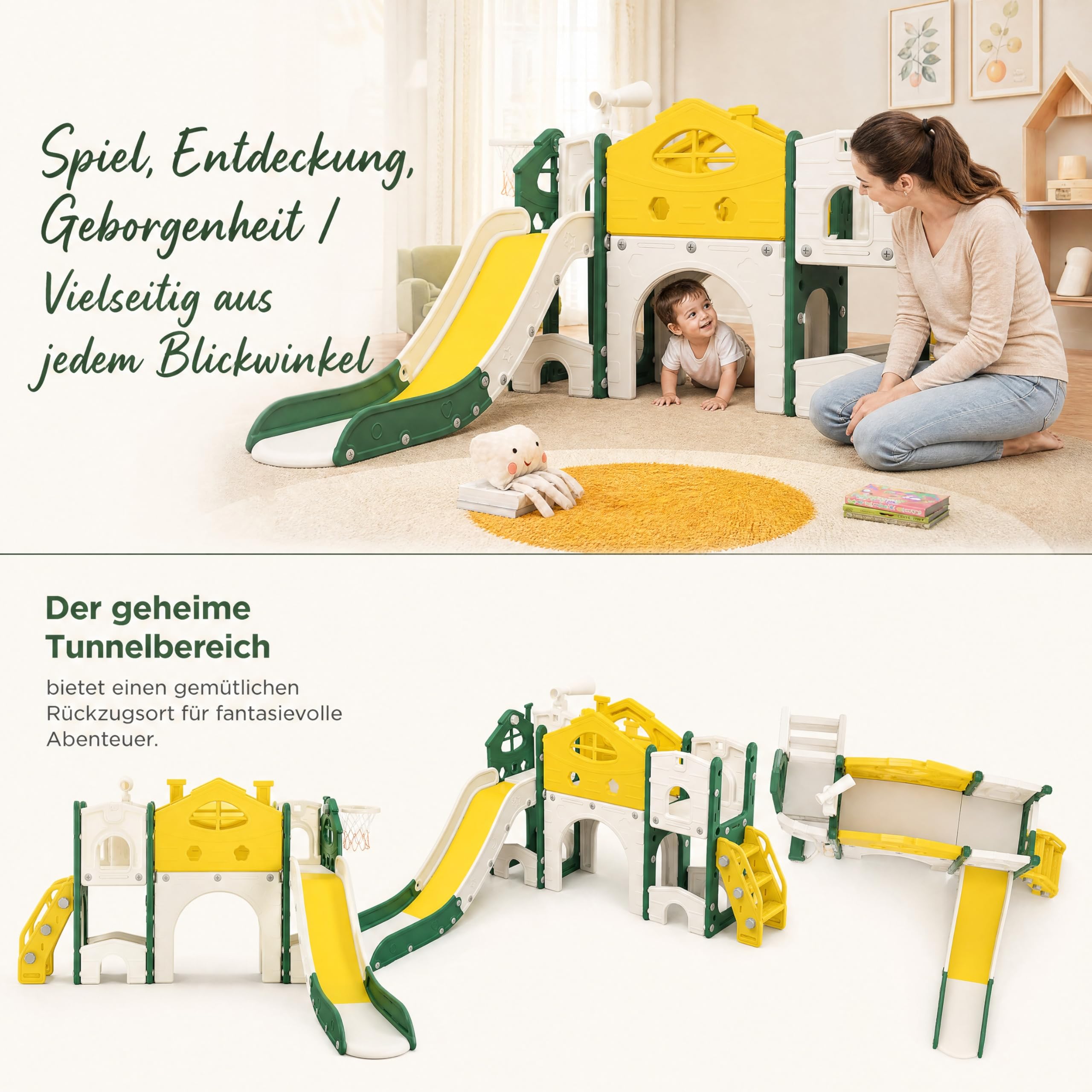 Rutsche für Kinder, 7 in 1, Rutsche für den Außen- und Innenbereich, Rutschenset für Kinder mit Treppe, Rutsche und Tunnel, für Kinder von 1 bis 6 Jahren, einzigartige Schieber, Gelb