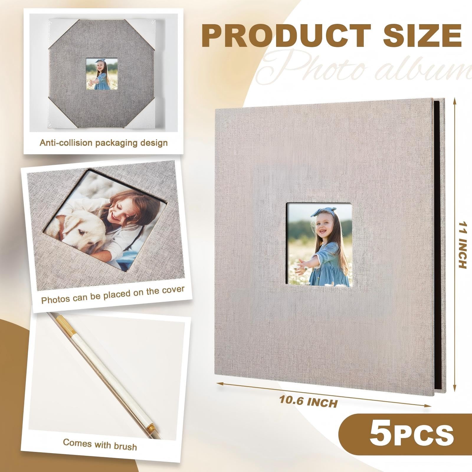 Jetec Duży album fotograficzny, samoprzylepny album do scrapbookingu, 40 pustych stron, DIY, lniana okładka, fotoksiążka z 5 metalicznymi długopisami, na zdjęcia, ślub, rodzinną podróż, 5 szt.,