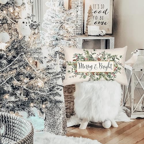 Miniatura 2 de AOKE Funda de almohada de muérdago de eucalipto navideño Merry & Bright de 12 x 20 pulgadas, funda de almohada lumbar decorativa de invierno para