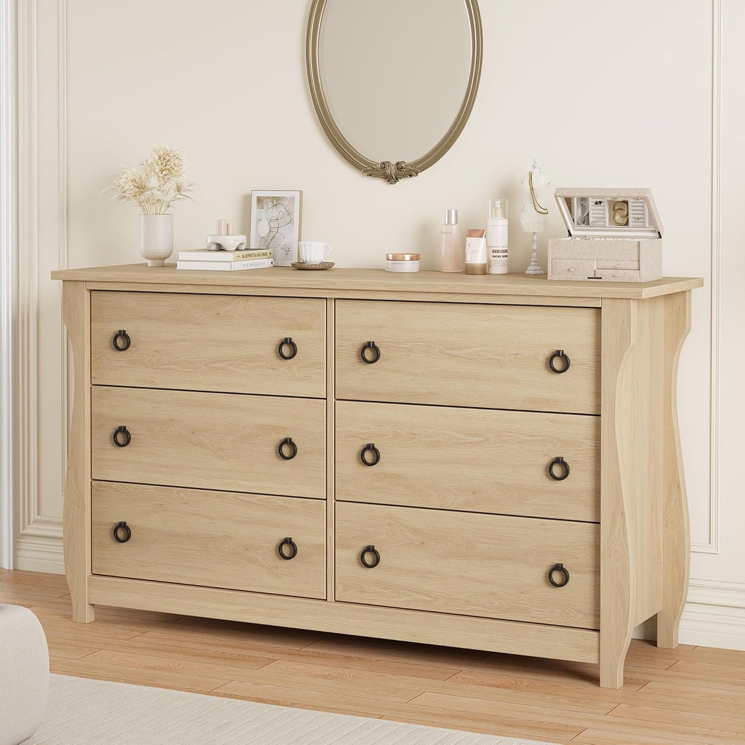 GarveeHome Dresser for Bedroom, Modern Wood 6 Drawer Dresser with Black Ring Pull Handles, 47 in Wide Chest of Drawer, White Storage Organizer for Living Room, Entryway, Natural Oak