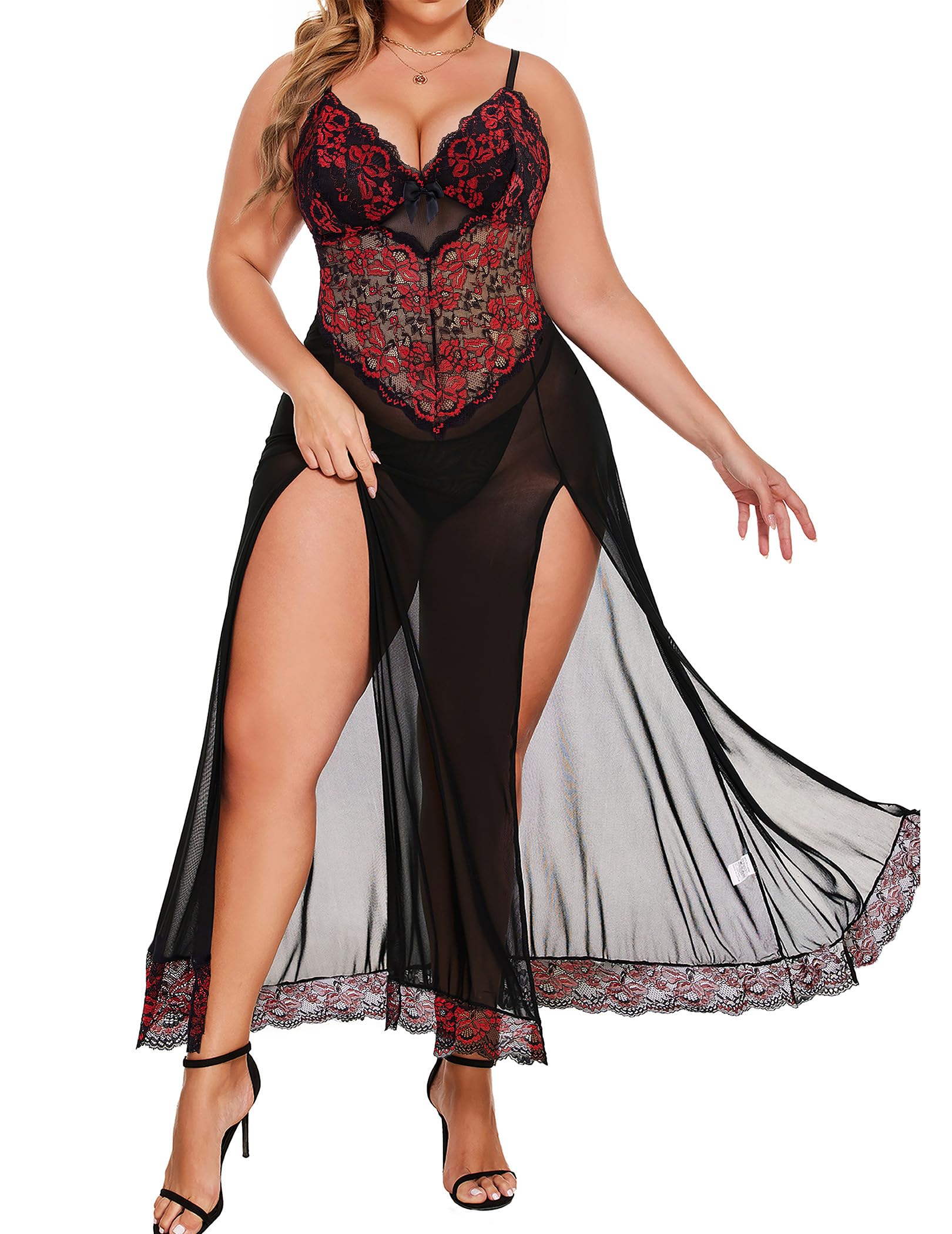 Alrovetoney Plus Size Lingerie For Women Babydoll Sexy Mesh Maxi Nightdress Exotic Sleepwear Side Slits: Black & Red 3X-Large
