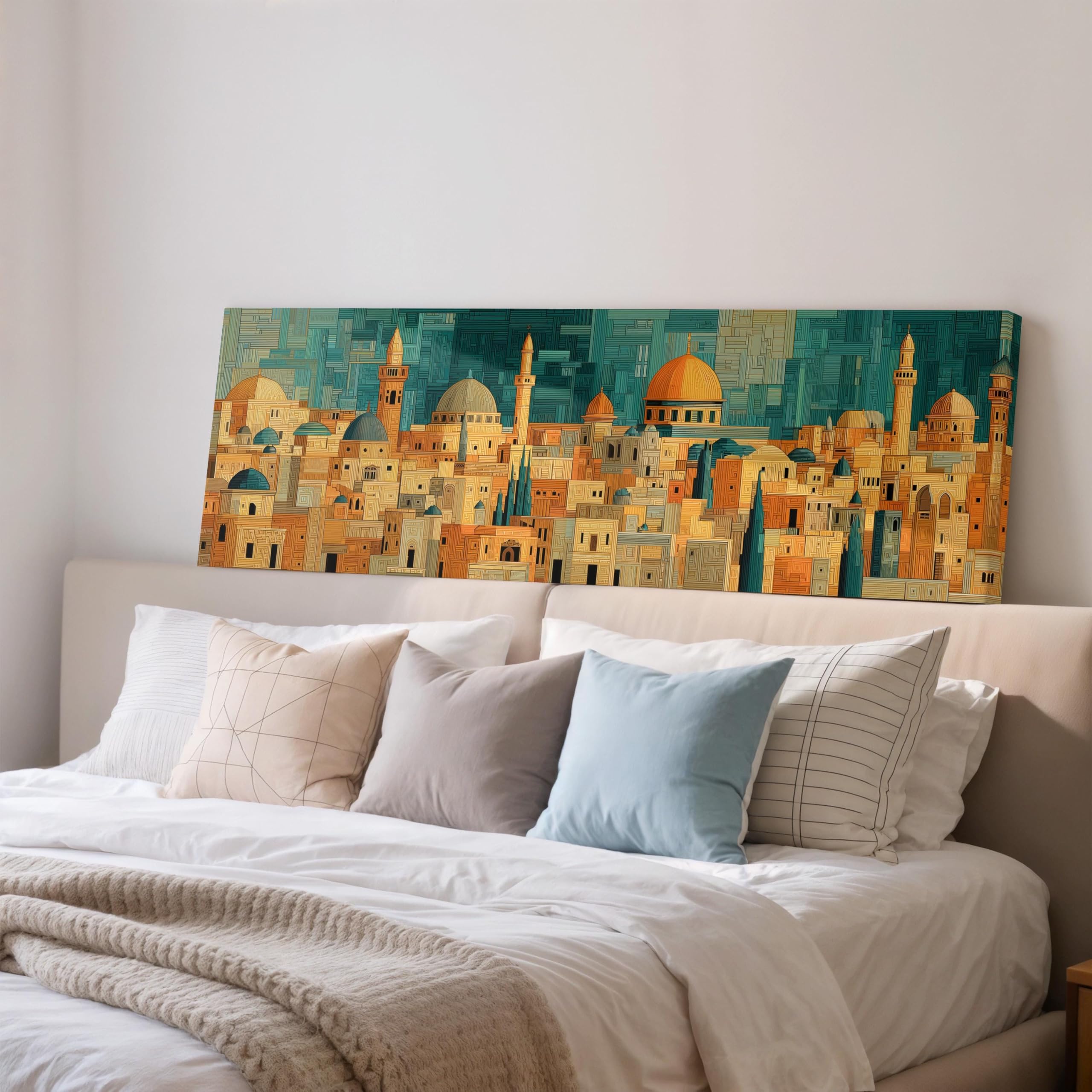 XBTYKPB Abstract Cityscape Canvas Art, Wide Panoramic Print, Long Horizontal Framed Art, Stylized Middle Eastern Decor, Painting(70x210cm/Frameless)